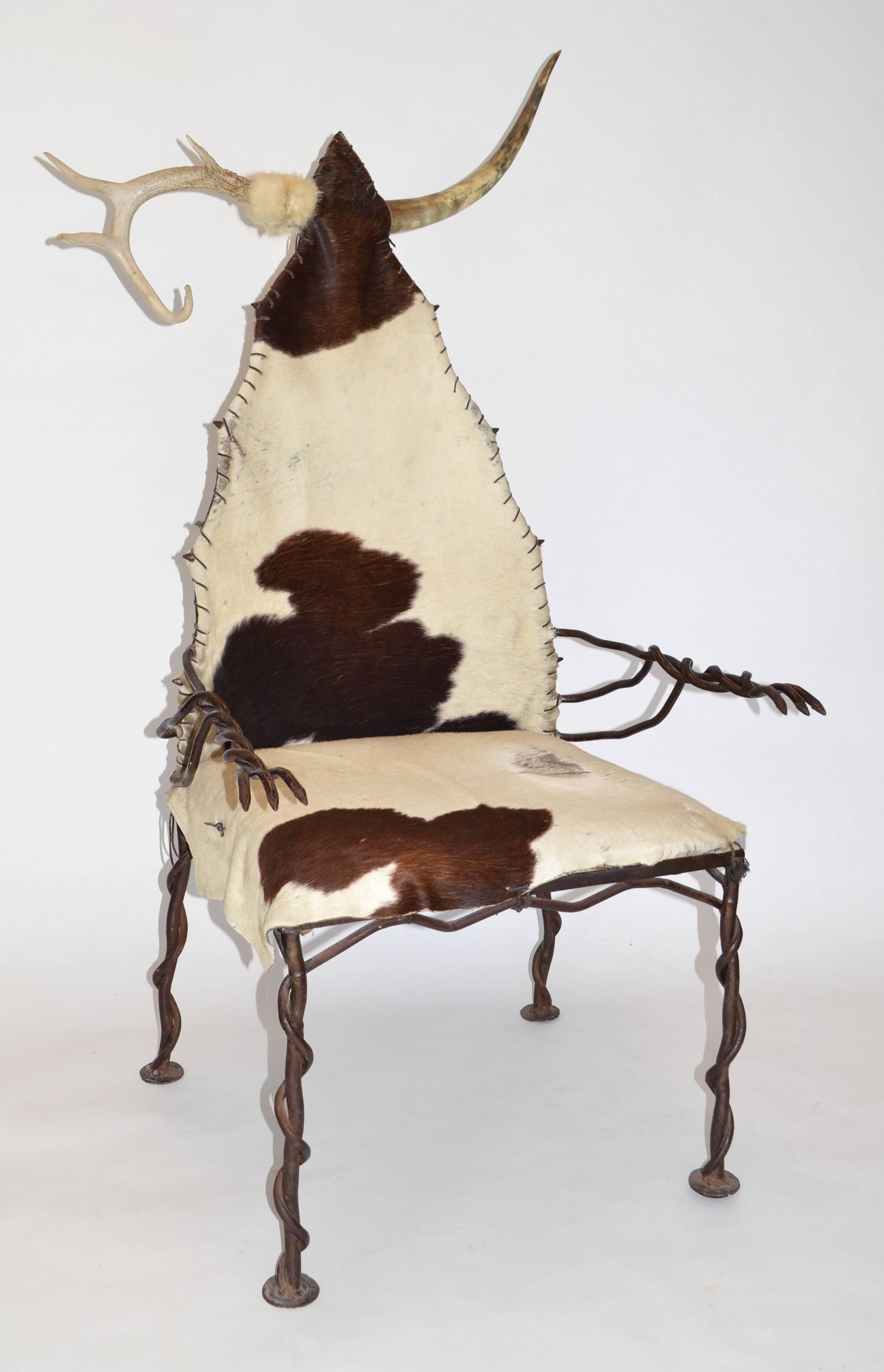 Metal Western Arm or Lounge Chair in Wrought Iron Horn Antler and Cow Hide
