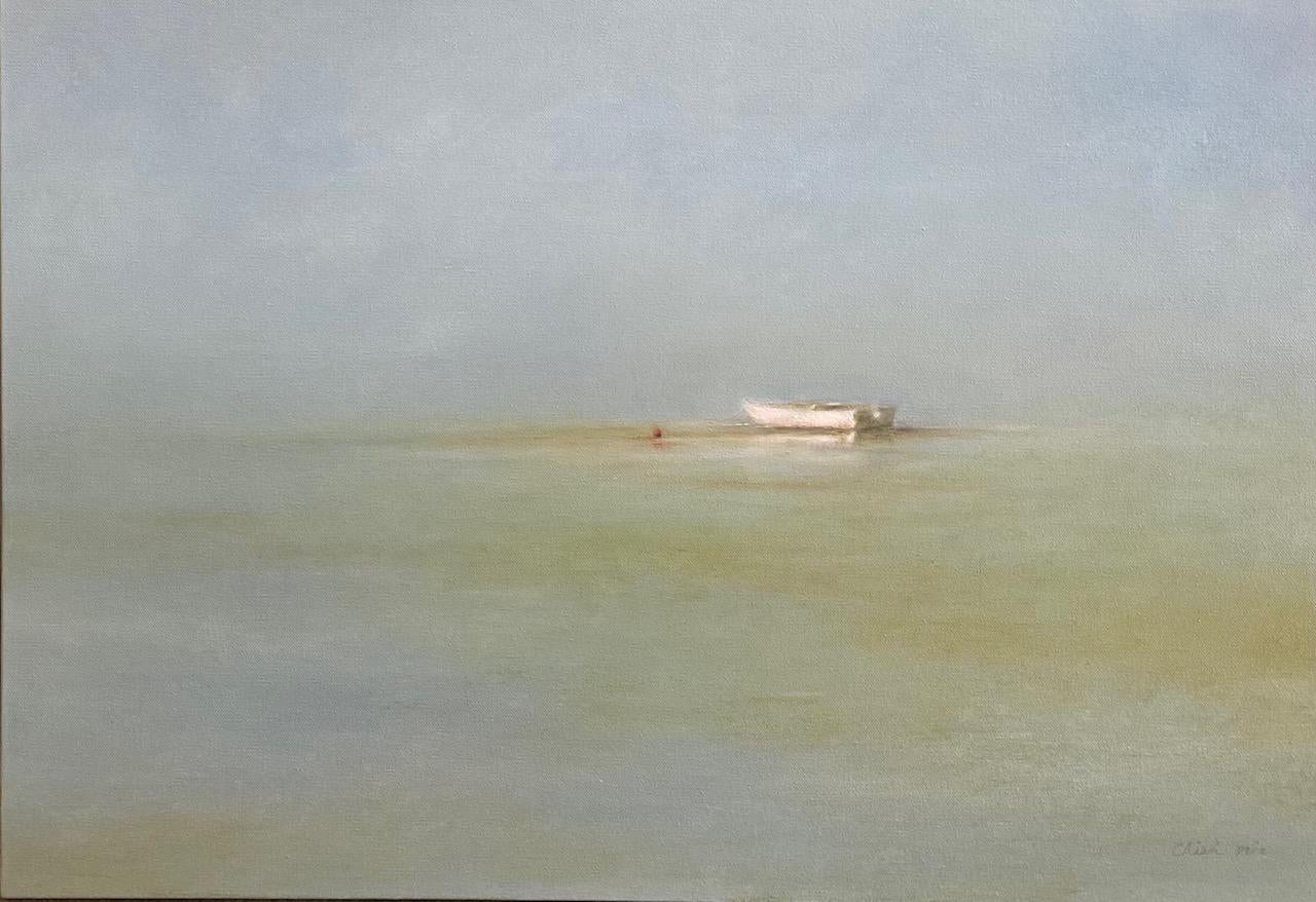 Dinghy at Sea, paysage marin contemporain original 40x30 - Contemporain Painting par Chieh-Nie Cherng