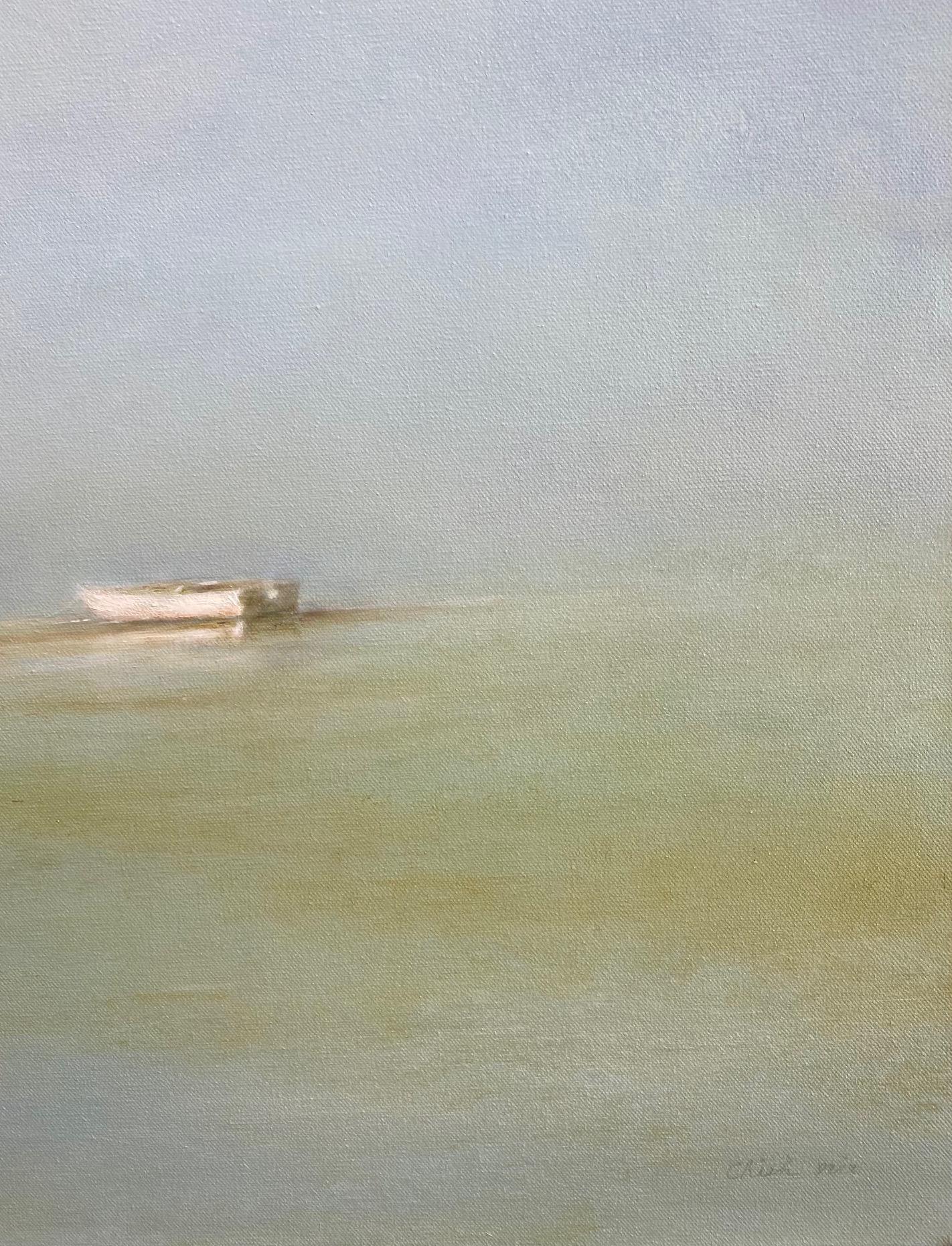 Dinghy at Sea, paysage marin contemporain original 40x30 - Gris Landscape Painting par Chieh-Nie Cherng