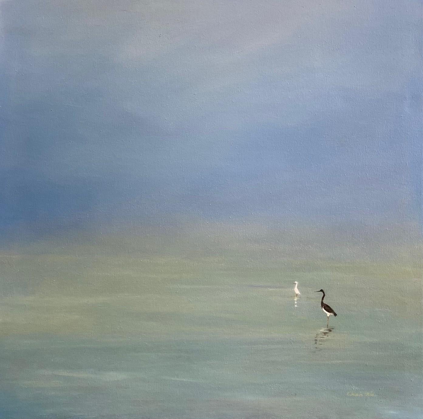 Peaceful Interlude, original 30x30 contemporary marine landscape - Painting by Chieh-Nie Cherng