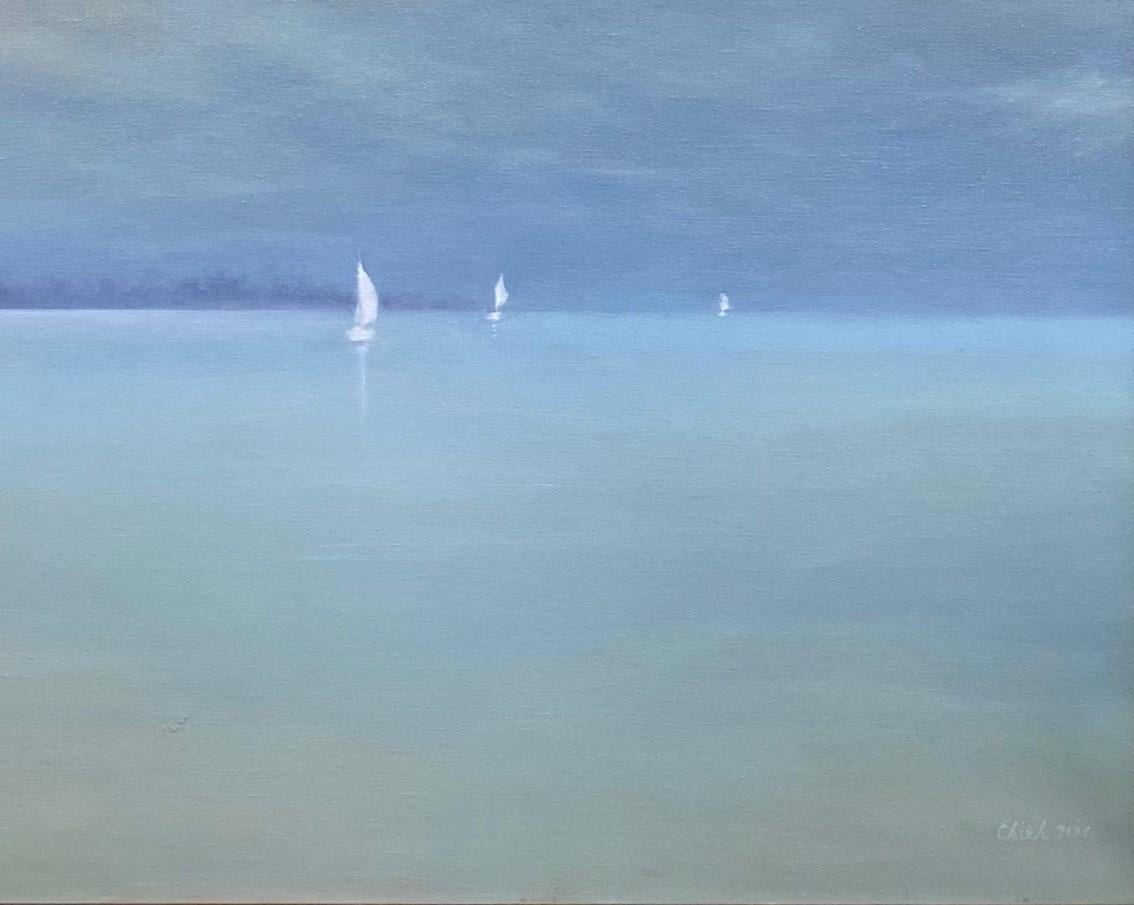 Sail Away, original  30x30 contemporary marine landscape - Contemporary Painting by Chieh-Nie Cherng