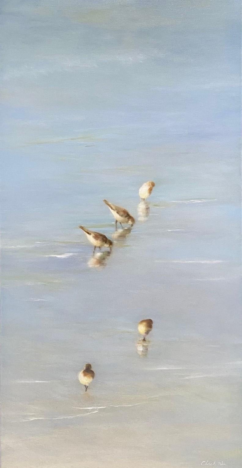 Reflections, original 48x24 contemporary marine landscape - Painting by Chieh-Nie-Cherng