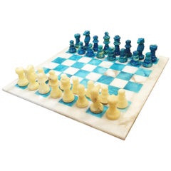 Chiellini Chess Board in Stone and Colored Alabaster Beige and Blue