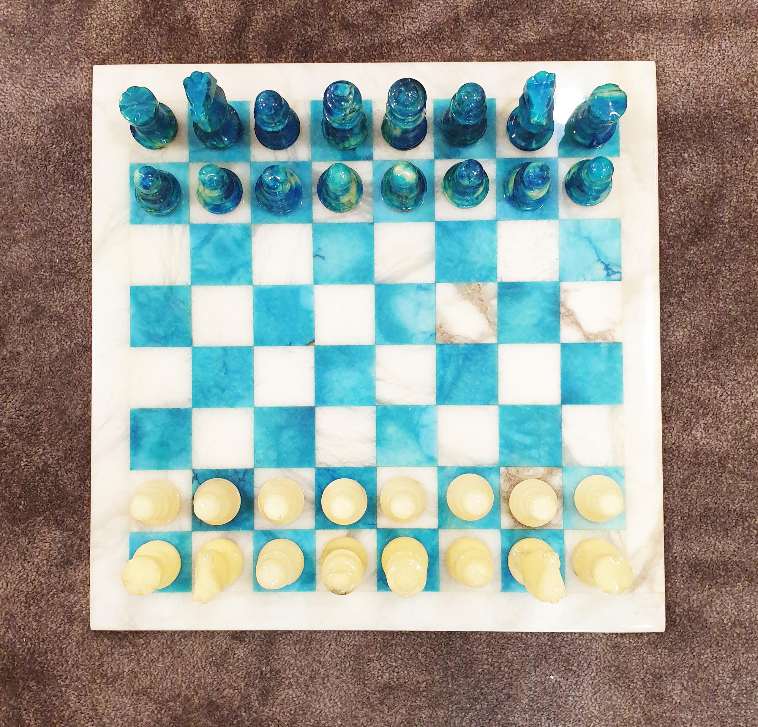 Chiellini Chess Board in Stone and Colored Alabaster Beige and Blue 3