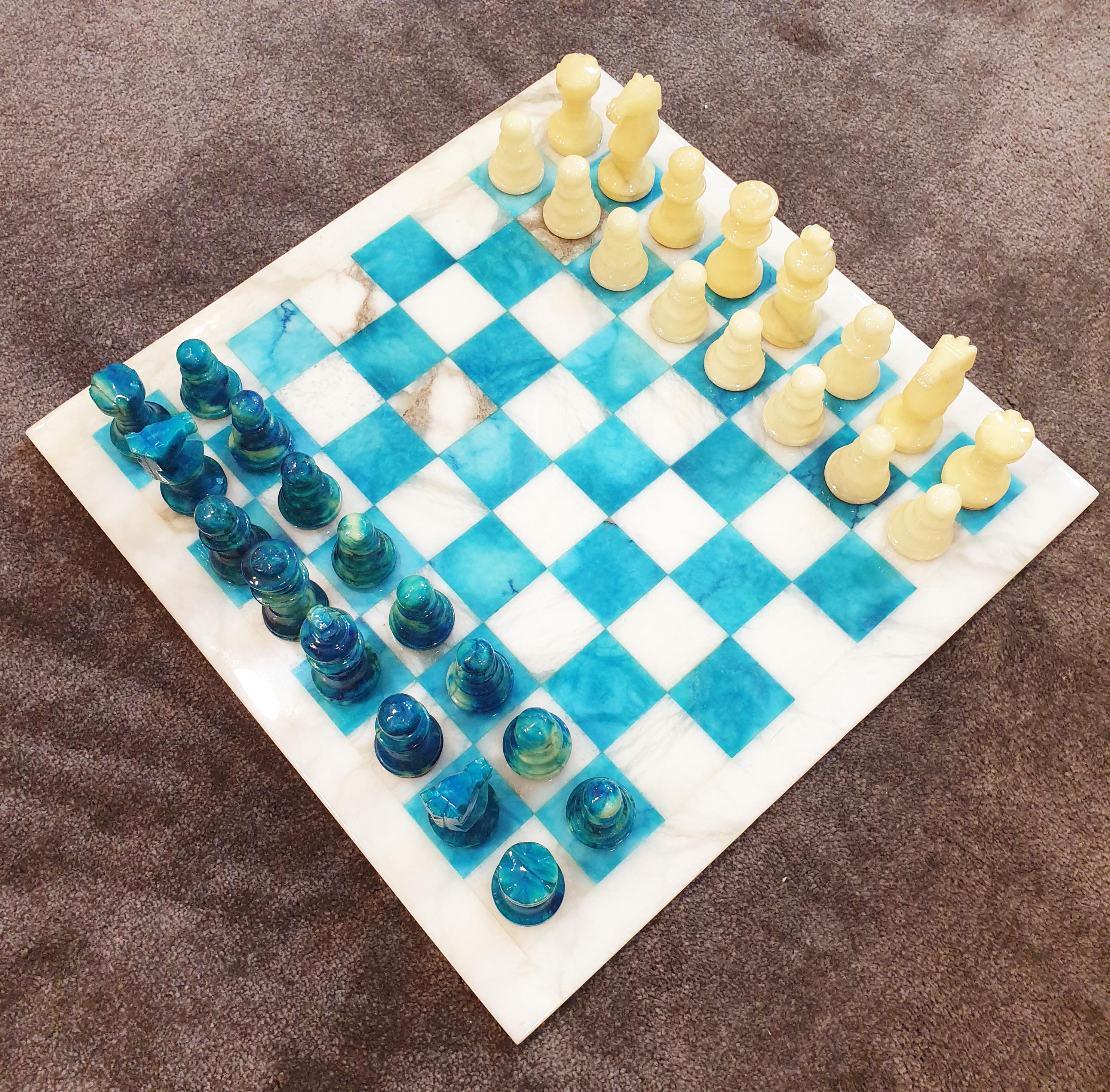Chiellini Chess Board in Stone and Colored Alabaster Beige and Blue 5