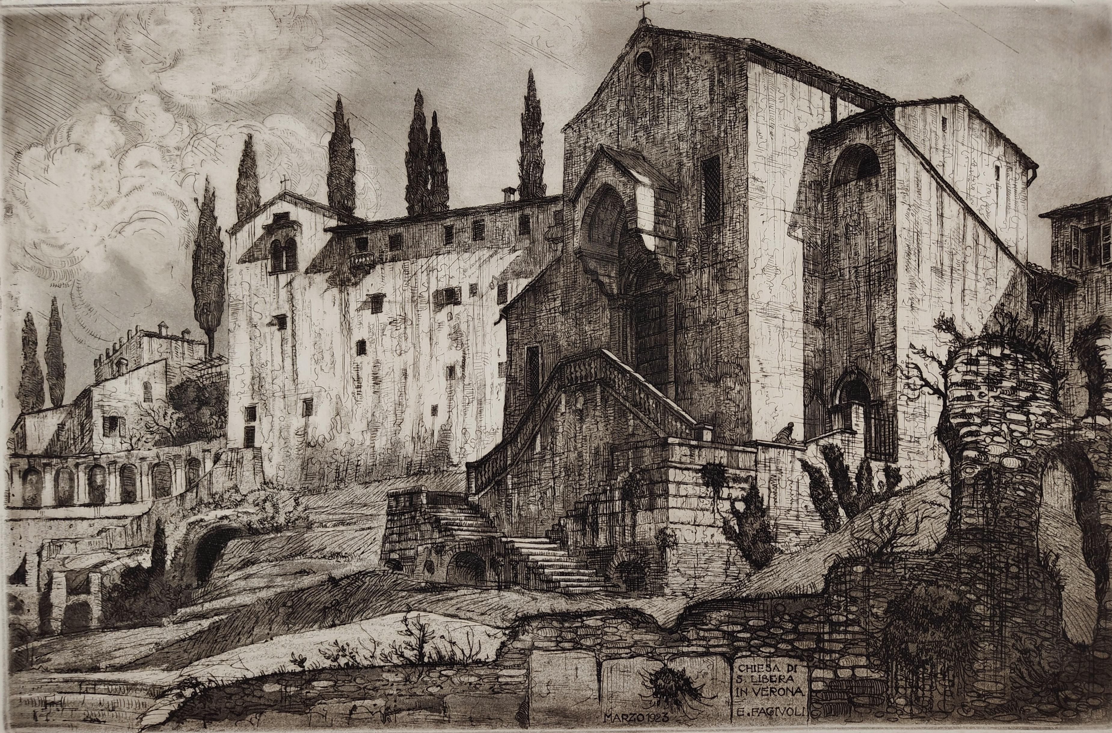 Radierung Kirche von Santa Libera in Verona 1923 von Ettore Fagiuoli (Sonstiges) im Angebot