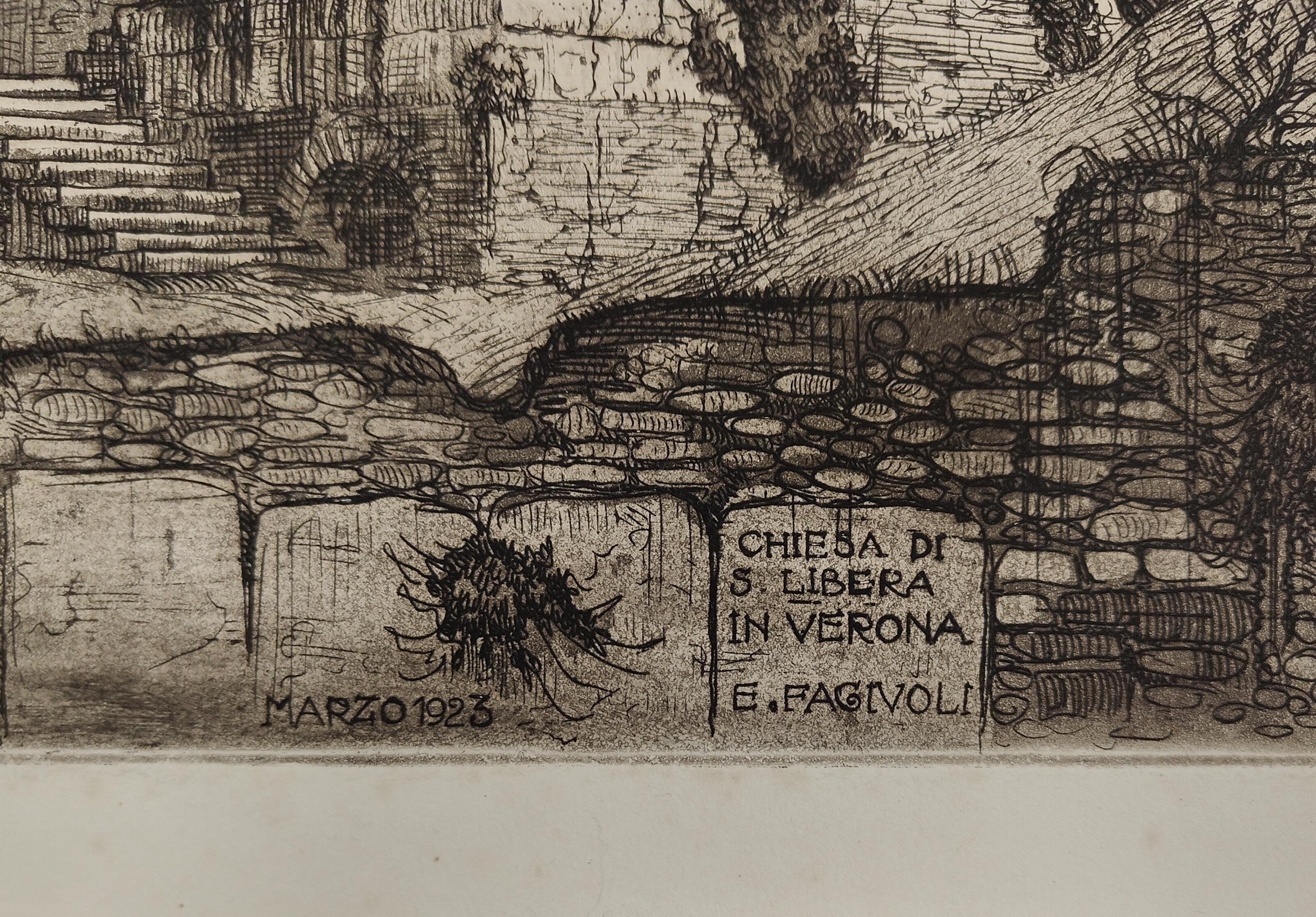 Radierung Kirche von Santa Libera in Verona 1923 von Ettore Fagiuoli (European) im Angebot