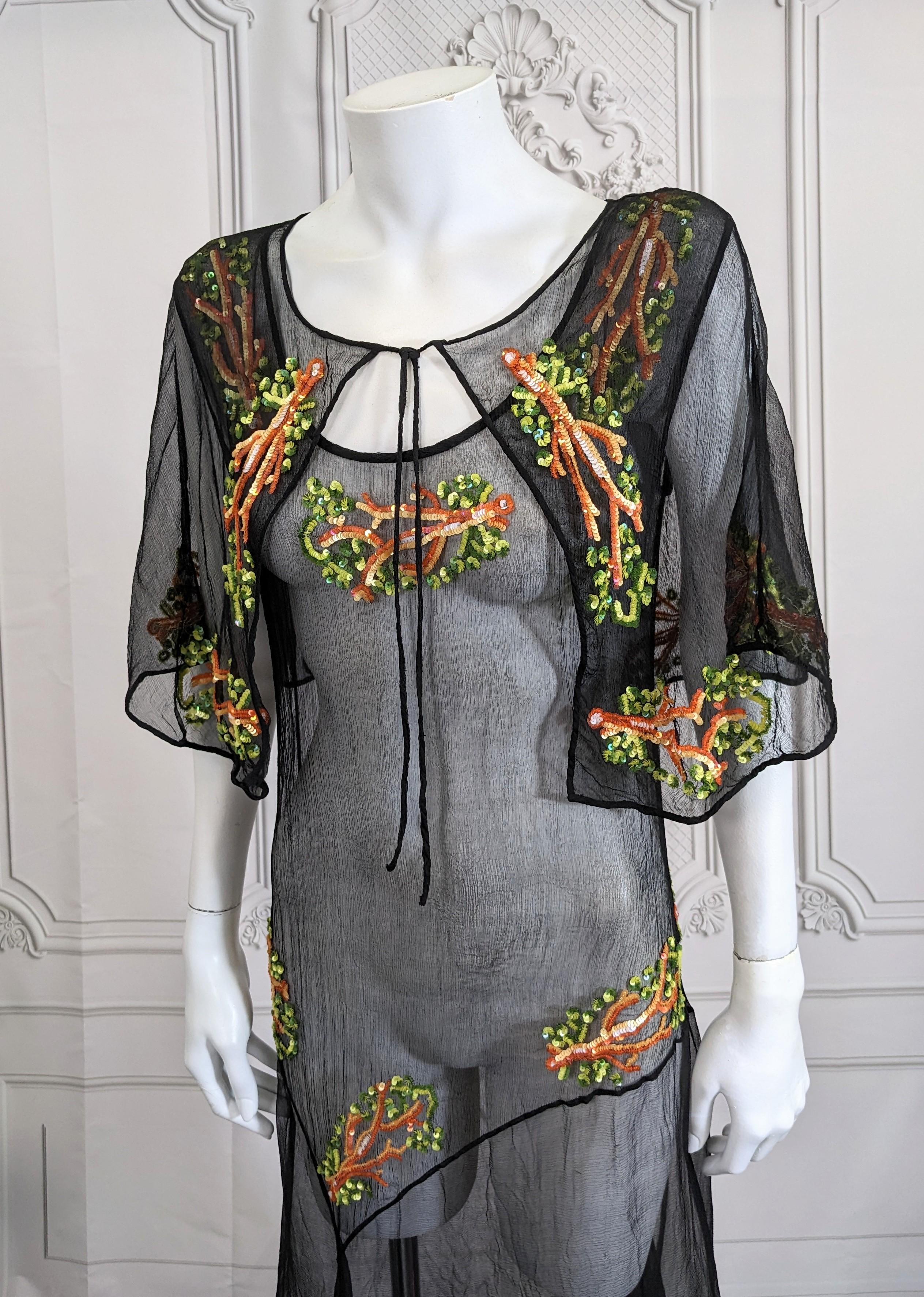 Gray Chiffon and Sequin Coral Dress, Capelet Ensemble, Studio VL For Sale