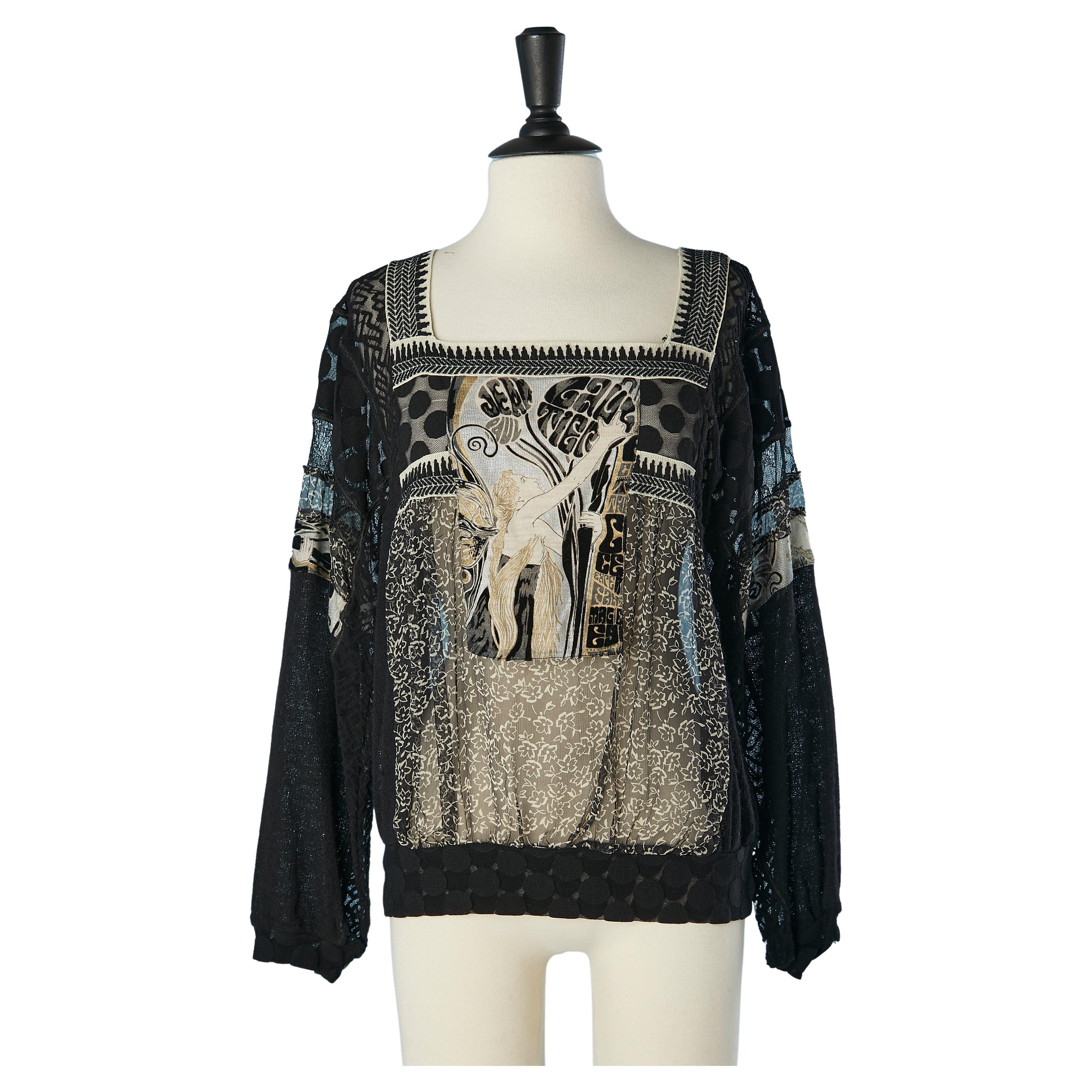 Chiffon, knit and jersey black patchwork top Jean-Paul Gaultier Maille Femme  For Sale