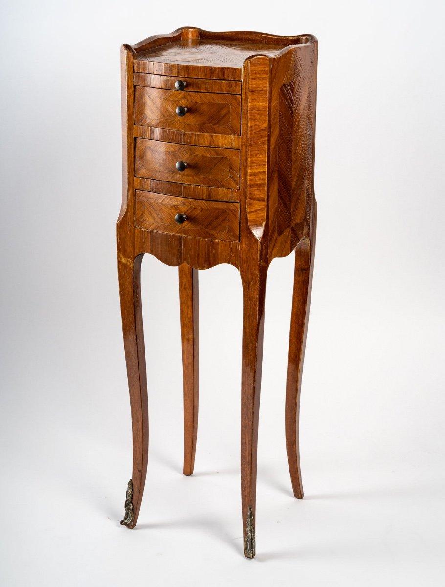 Adorable little writing case in walnut with inlay, Louis XV style. 
It has four high, slender and curved legs.
Its central body is composed of a drawer pull and three rows of drawers under a top tray with wide borders surrounding the back and