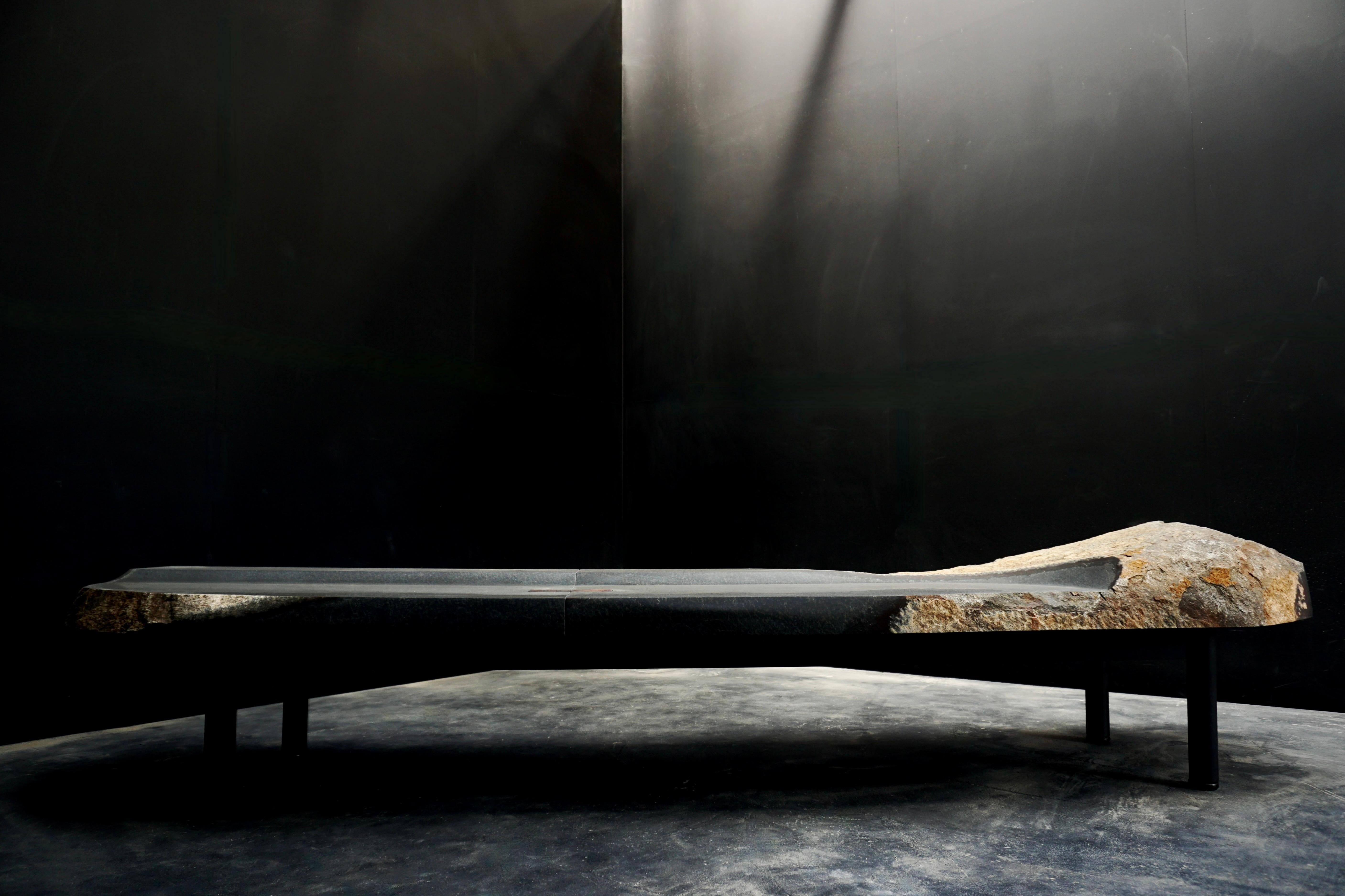 Chigiri Bench by Okurayama
One Of A Kind.
Dimensions: D 60 x W 240 x H 40 cm.
Materials: Iron and stone.
Weight: 390 kg. 


The Daté Kan Stone is a rare stone that exist only in a few mountains in Japan.

The defining characteristic of Date´ Kan