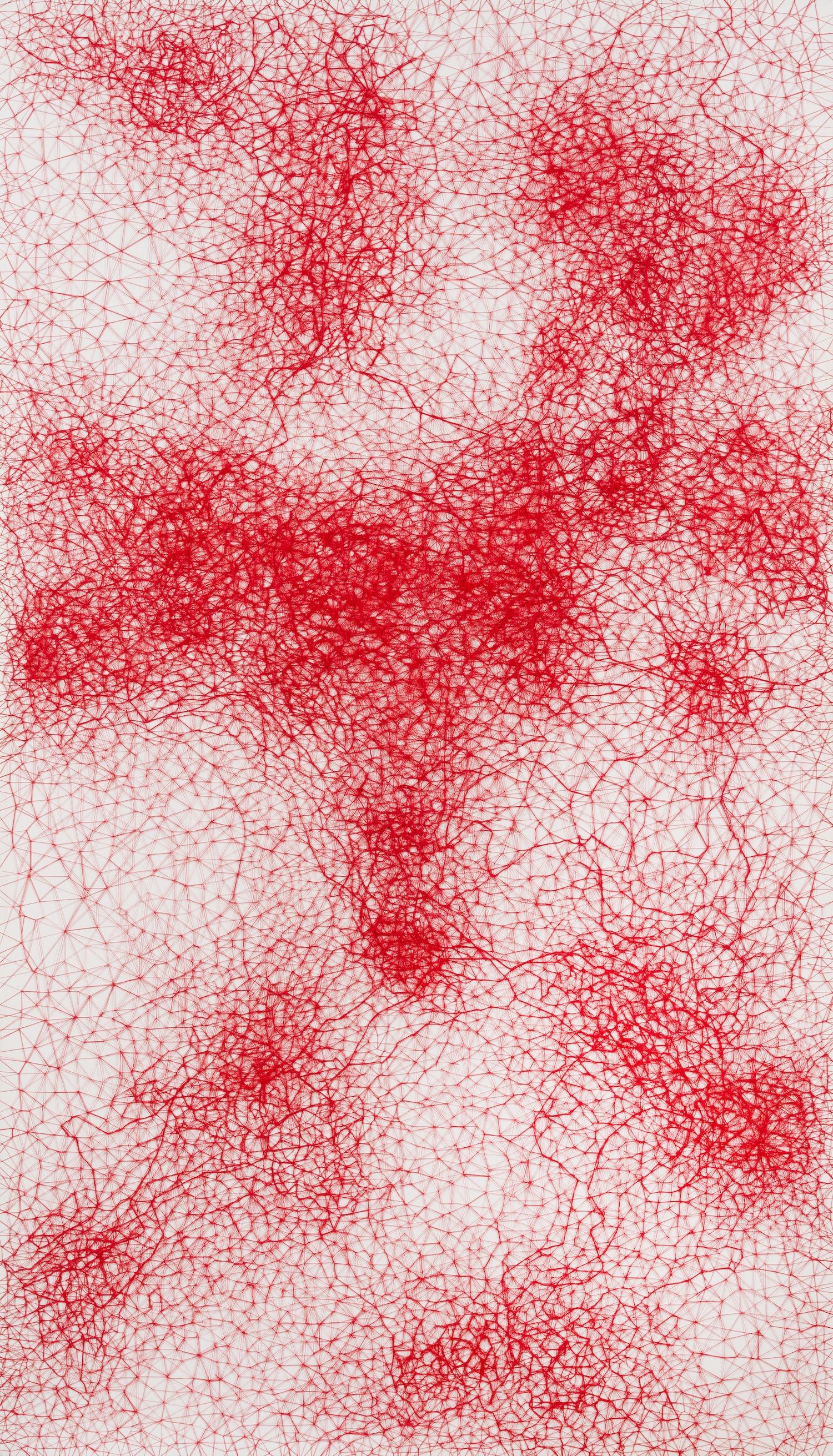 *PLEASE NOTE UK BUYERS WILL ONLY PAY 5% VAT ON THIS PURCHASE. Once an order is placed we will arrange the VAT of 20% to be reduced to 5%

Endless Line by Chiharu Shiota (b. 1972)
Red thread on canvas
140 x 80 cm (55 ¹/₈ x 31 ¹/₂ inches)
Signed with