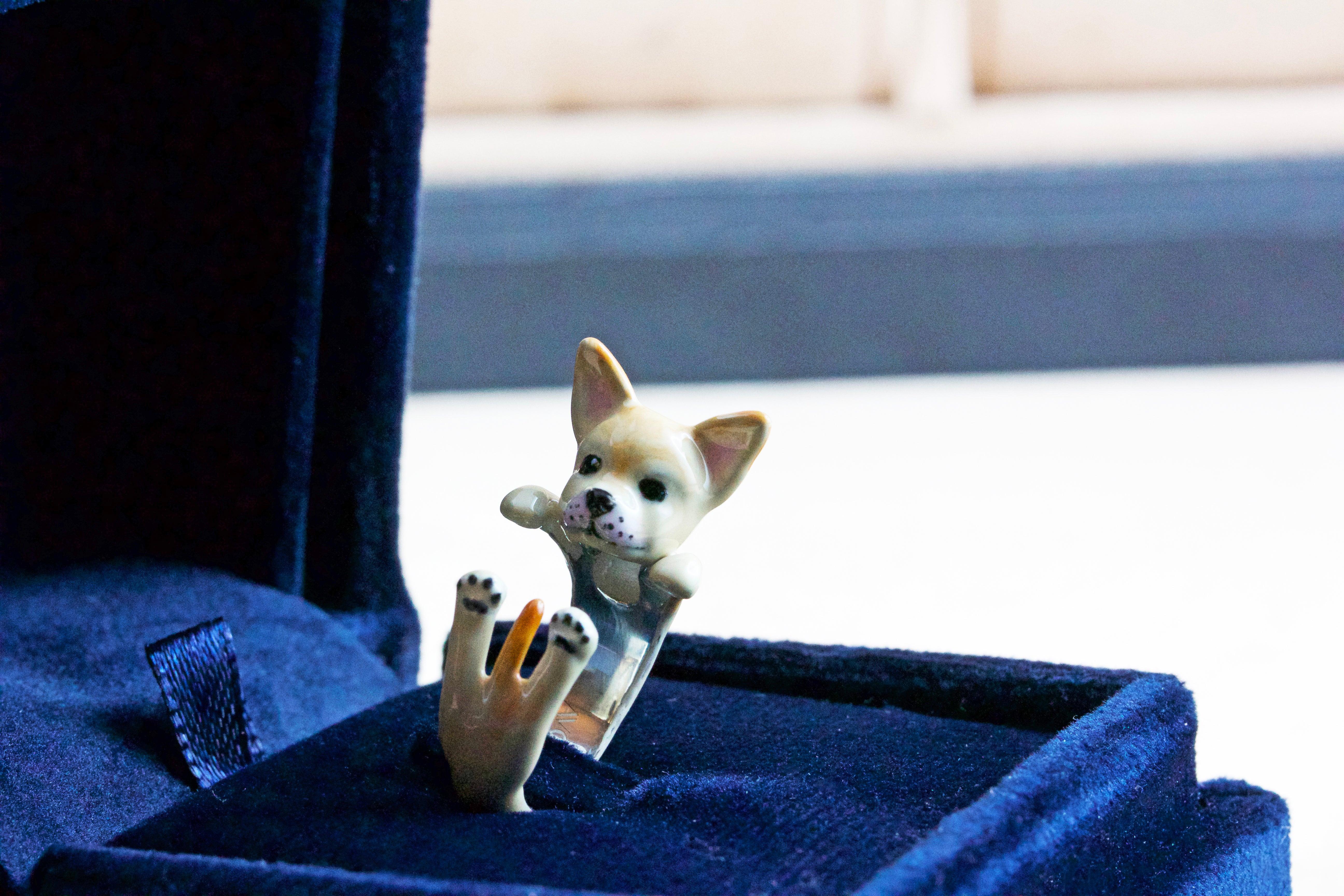 En vente :  Bague personnalisable Chihuahua chien en argent sterling 925 émaillé 6