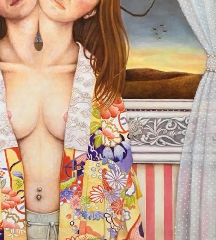Amantes / óleo sobre madera - hermanas gemelas unidas dos cabezas surrealistas - Painting de Chikako Okada