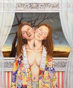 Lovers / oil on wood - twin sisters conjoined surreal two heads