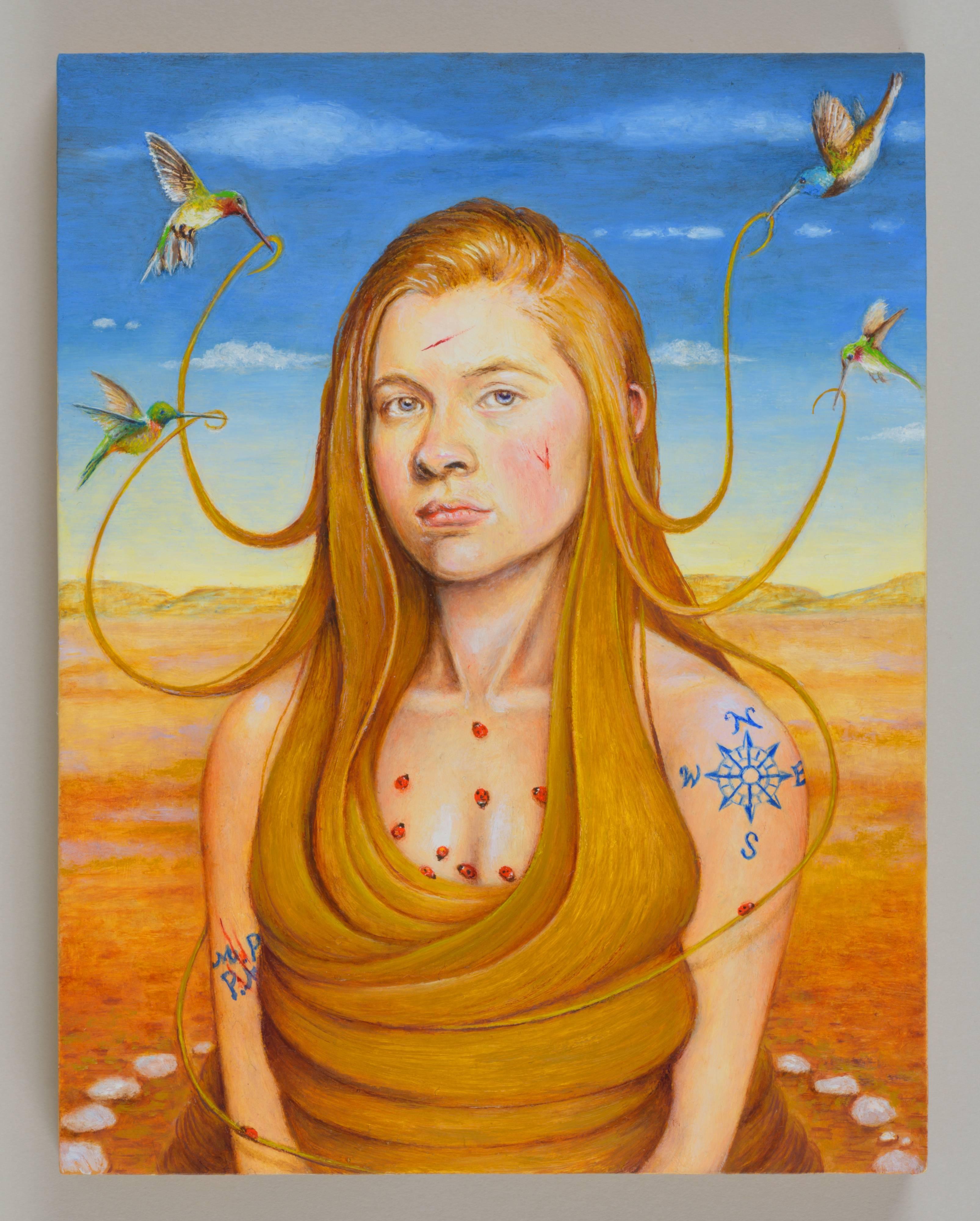 'She's Got a Ticket to Ride' features a long haired young woman with hummingbirds, who is shrouded in mystery. Tattooed and decorated with ladybugs and sitting within a ring of stones. The small painting is 7 x 5 1/2 inches, framed 8 1/2 x 7 x 3 1/2