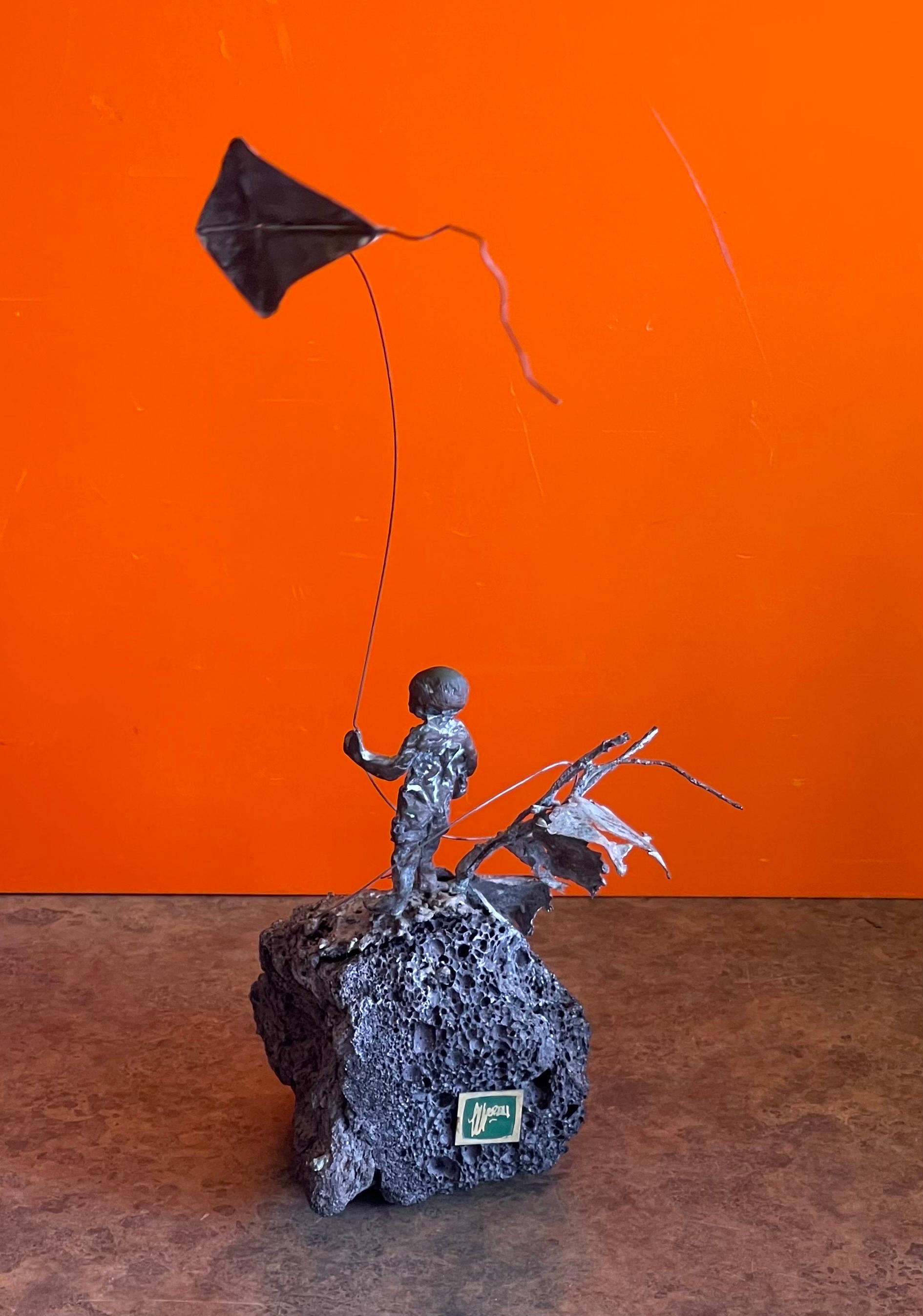 20th Century Child Flying Kite Bronze on Volcanic Rock Sculpture by Malcolm Moran For Sale