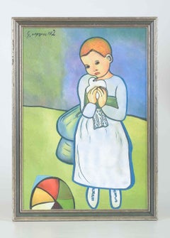 Child holding a dove. Oil on canvas. Painted after Pablo Picasso.