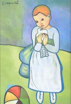 Child holding a dove. Oil on canvas. Painted after Pablo Picasso.