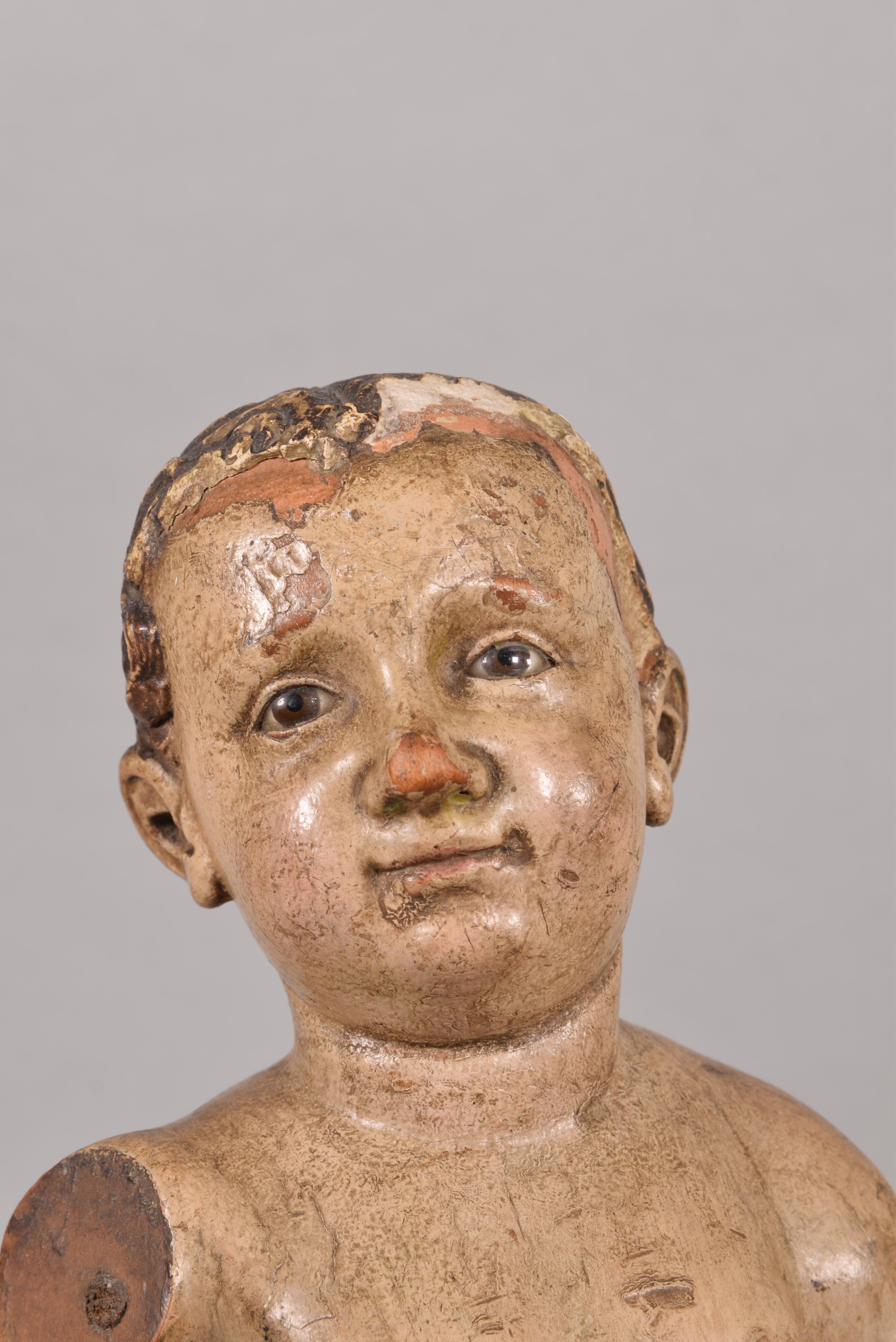 Child Jesus. Carved and polychrome wood. Century XVIII. 
 Baby Jesus in carved and polychrome wood with missing arms. Anatomically, it responds to common models in eighteenth-century Spanish sculpture, in which developments contributed by