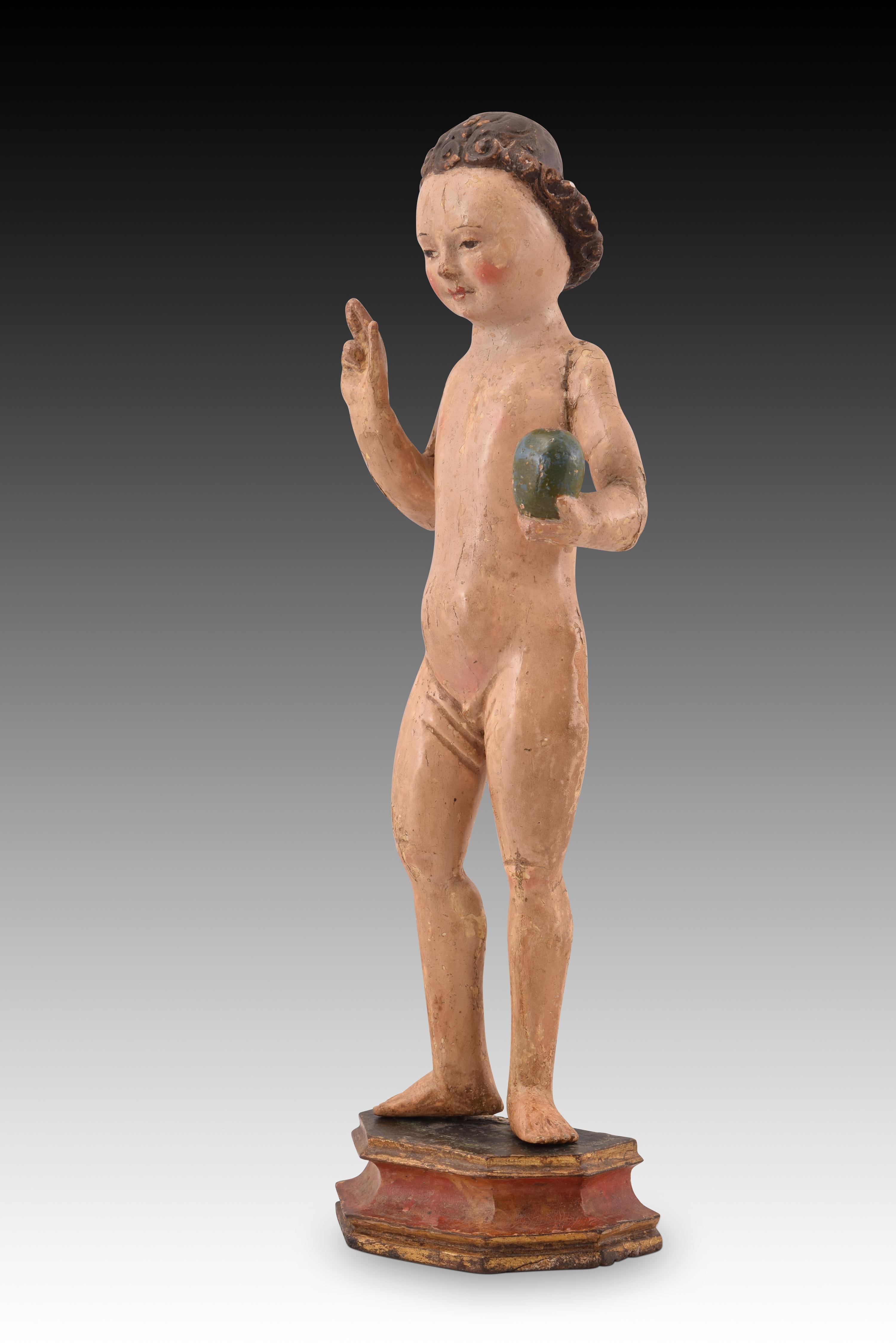 Child & Child. Bois sculpté et polychrome. École flamande, vers la première moitié du XVIe siècle. 
Enfant Jésus avec base polygonale en bois sculpté et polychrome. Le personnage est présenté nu, debout, la main droite levée en signe de bénédiction