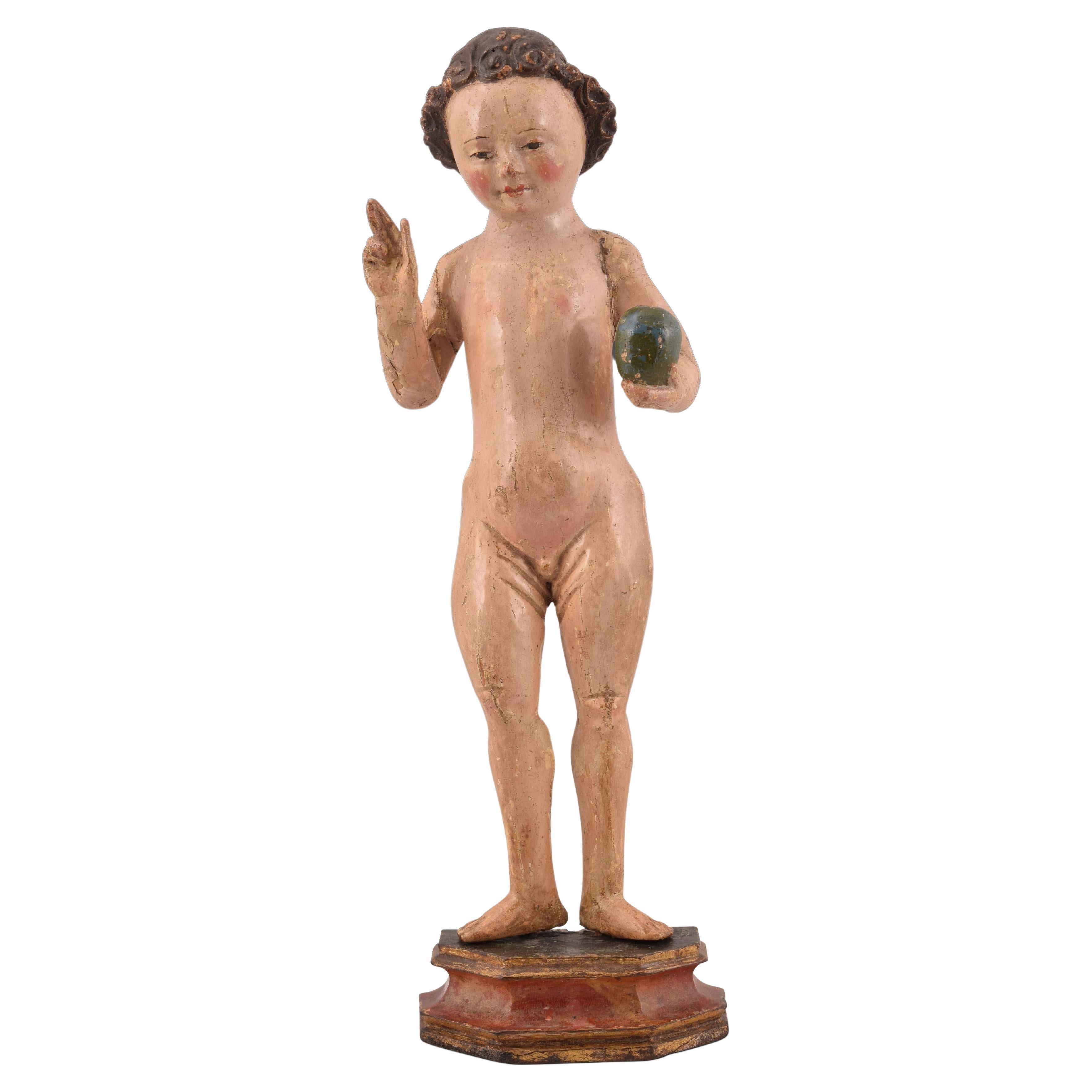 Child Jesus. Carved and polychrome wood. Flemish school, 16th century For Sale