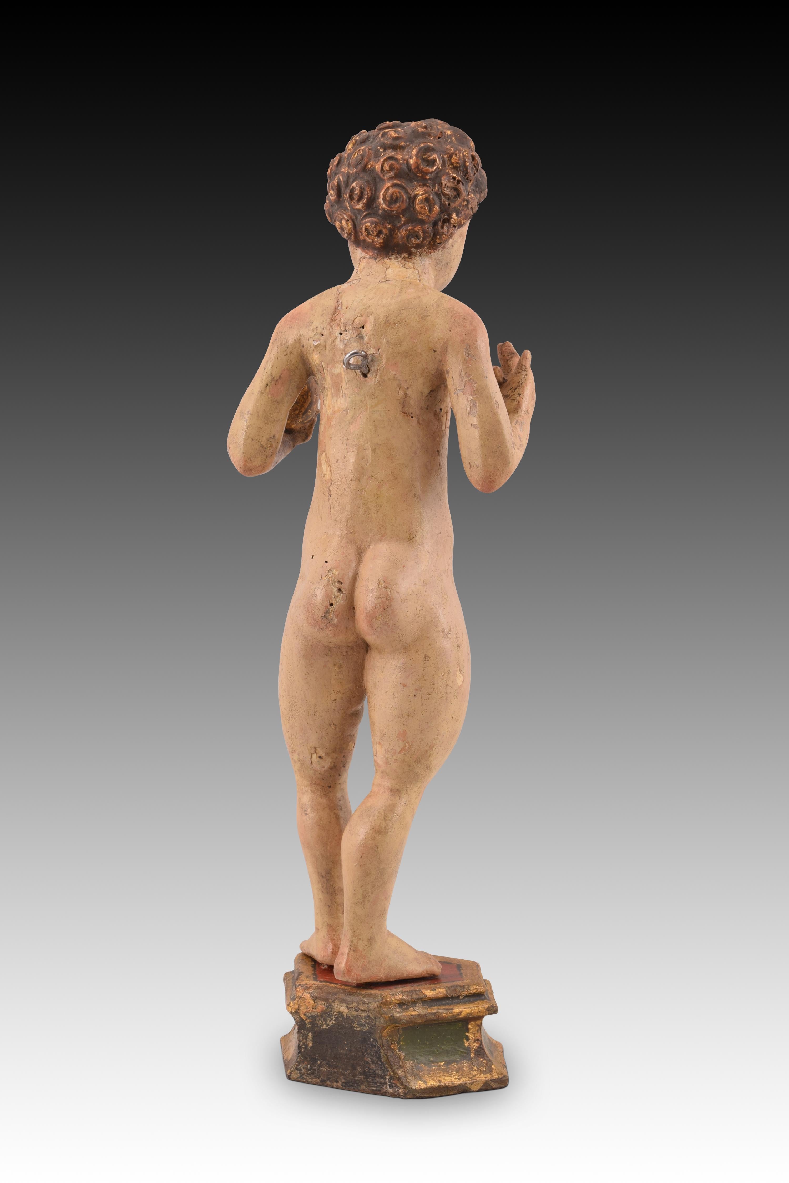 Belgian Child Jesus. Carved and polychrome wood. Flemish school, ca first half 16th c. For Sale