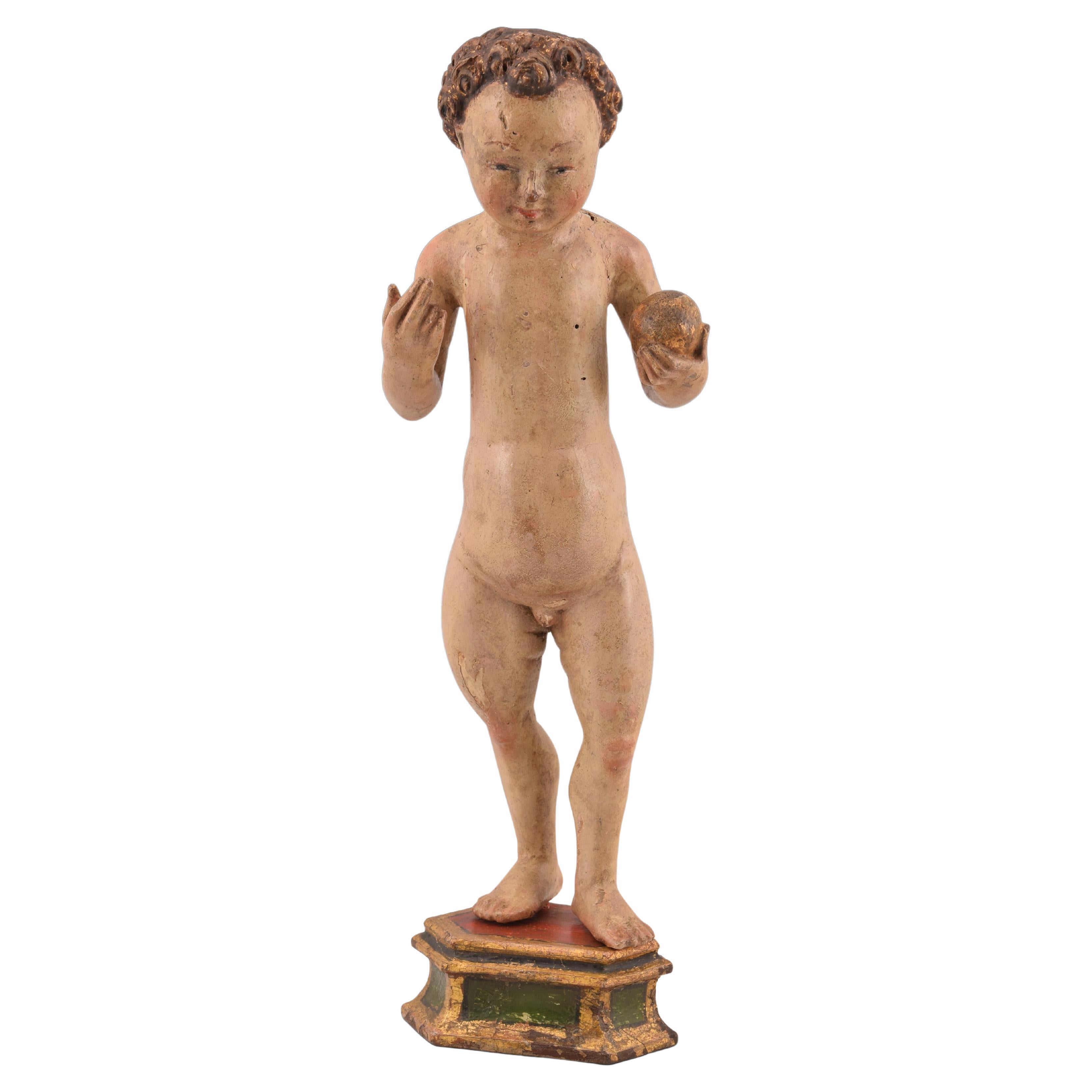 Child Jesus. Carved and polychrome wood. Flemish school, ca first half 16th c. For Sale
