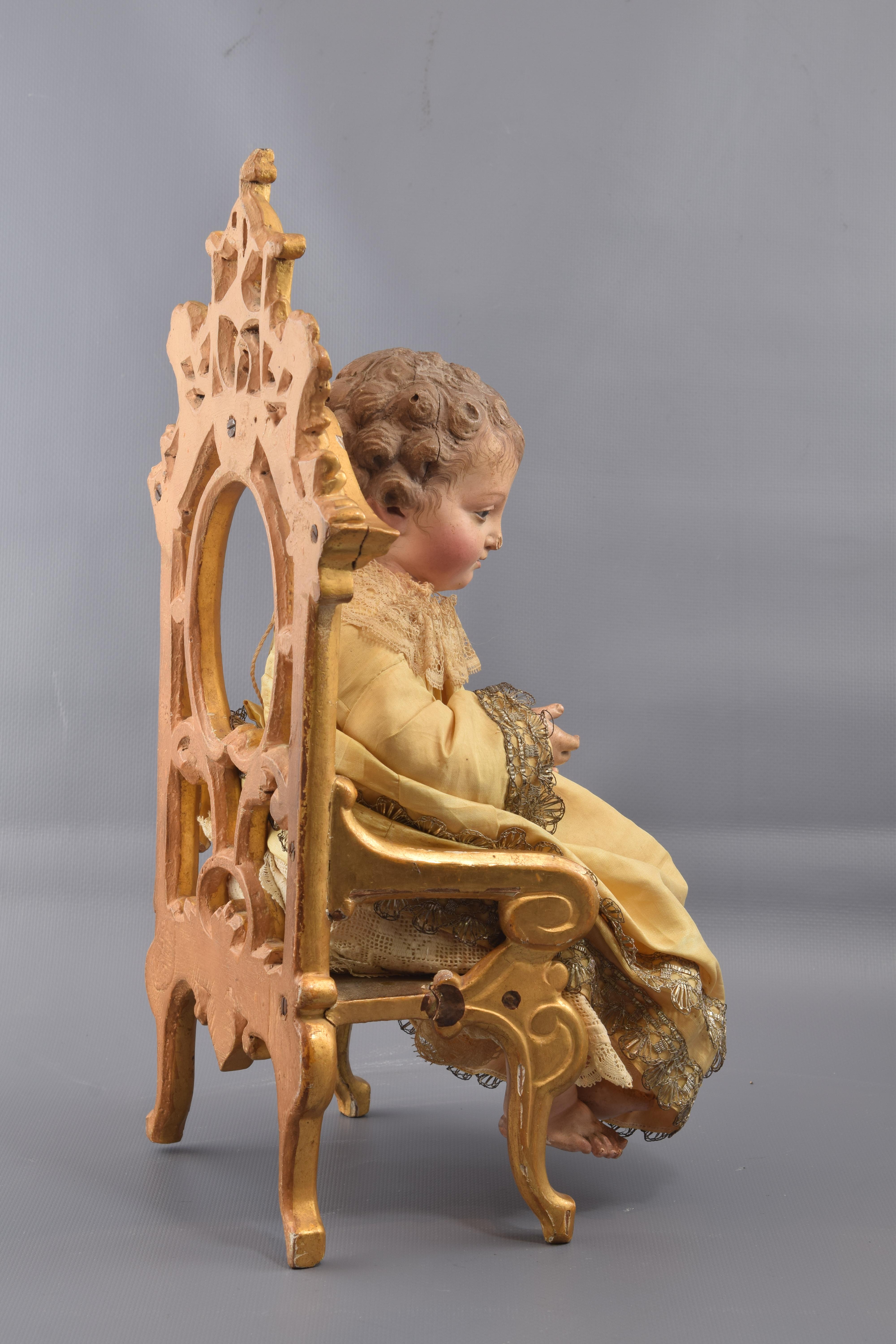Spanish Child Jesus on Throne, Wood, Textile, Metal, Etc., Spain, 19th Century
