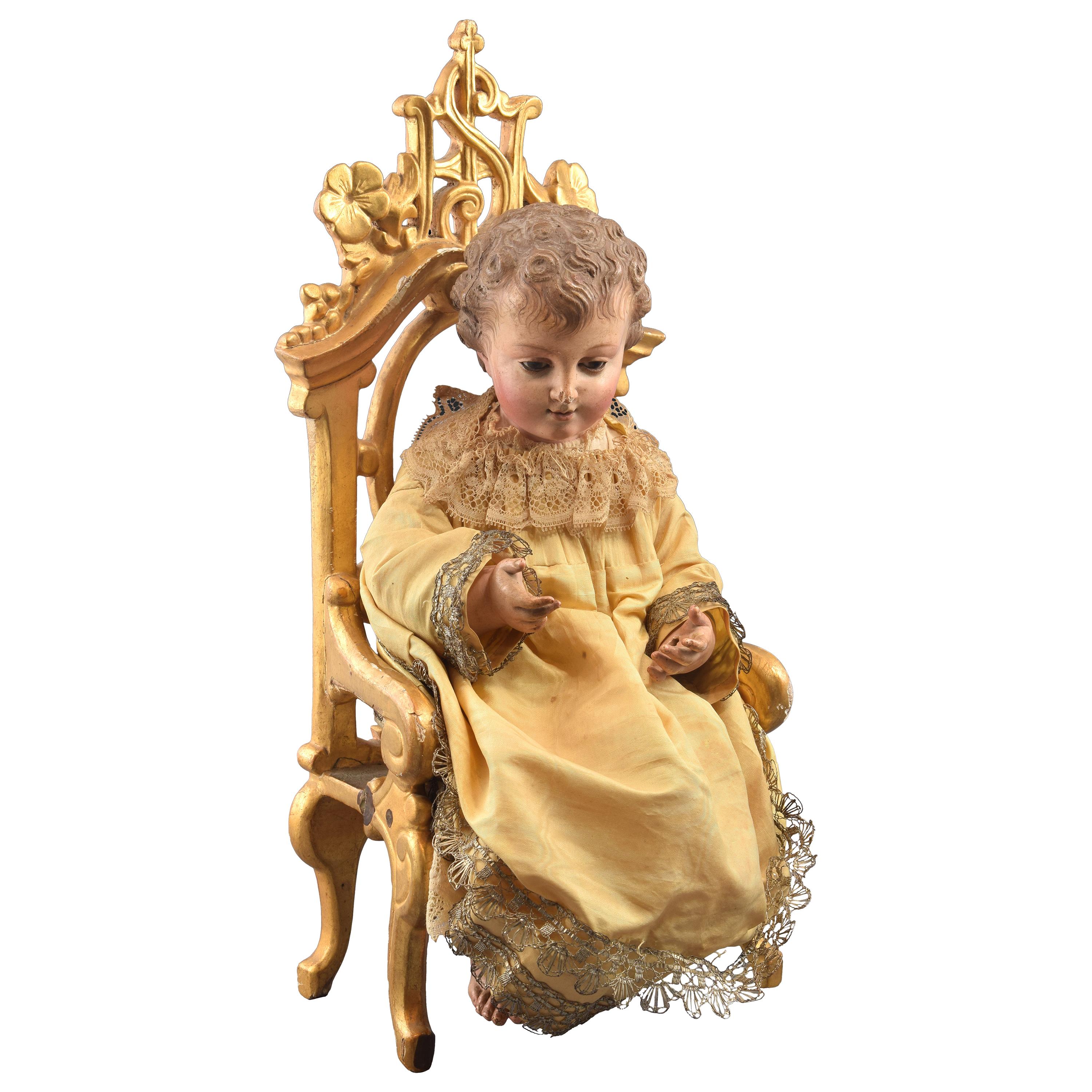 Child Jesus on Throne, Wood, Textile, Metal, Etc., Spain, 19th Century