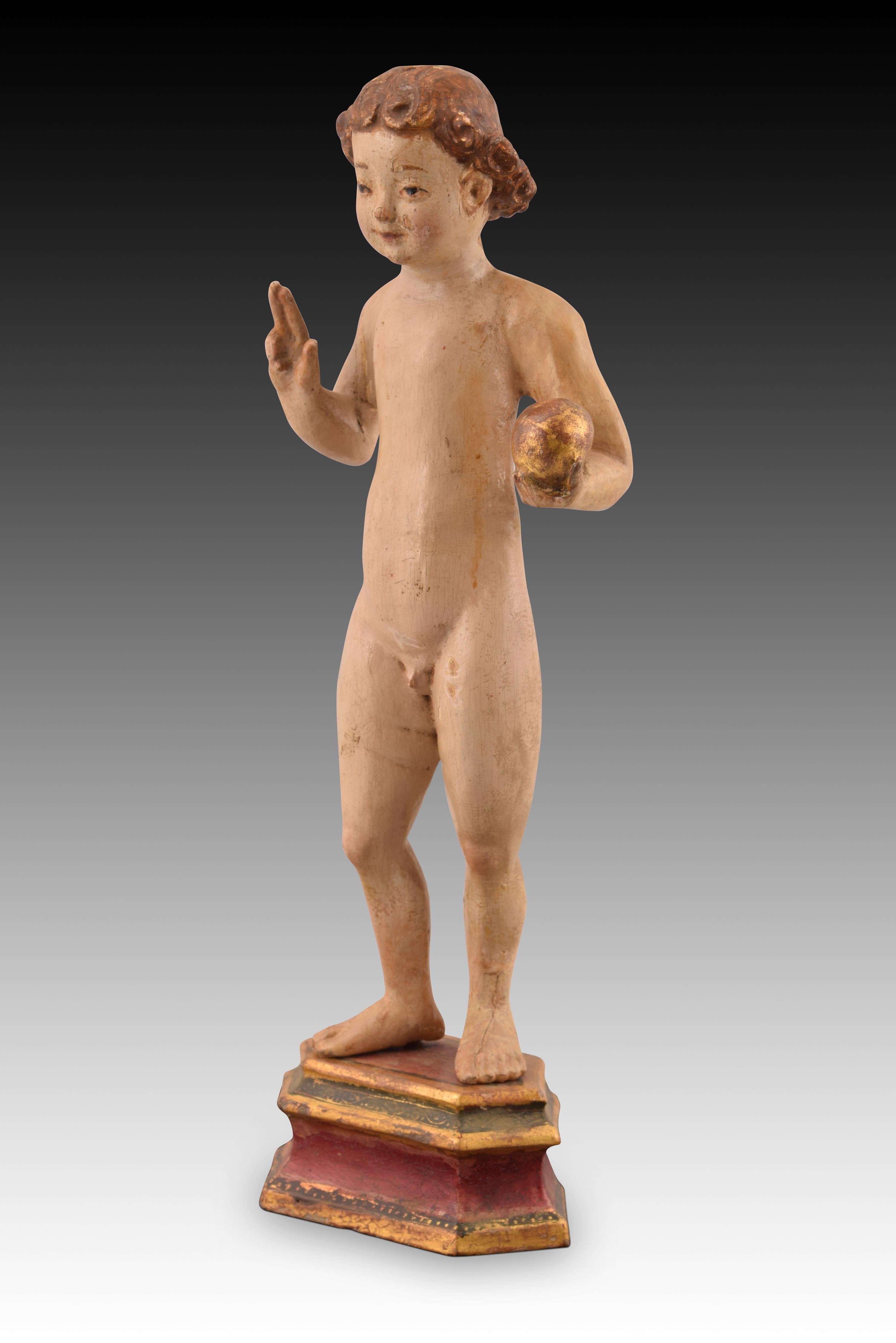 Child Jesus. Carved and polychrome wood. Flemish school, towards the first half of the 16th century.
 Restorations.
 Baby Jesus with polygonal base made of carved and polychrome wood. The figure is presented naked, standing, with the right hand