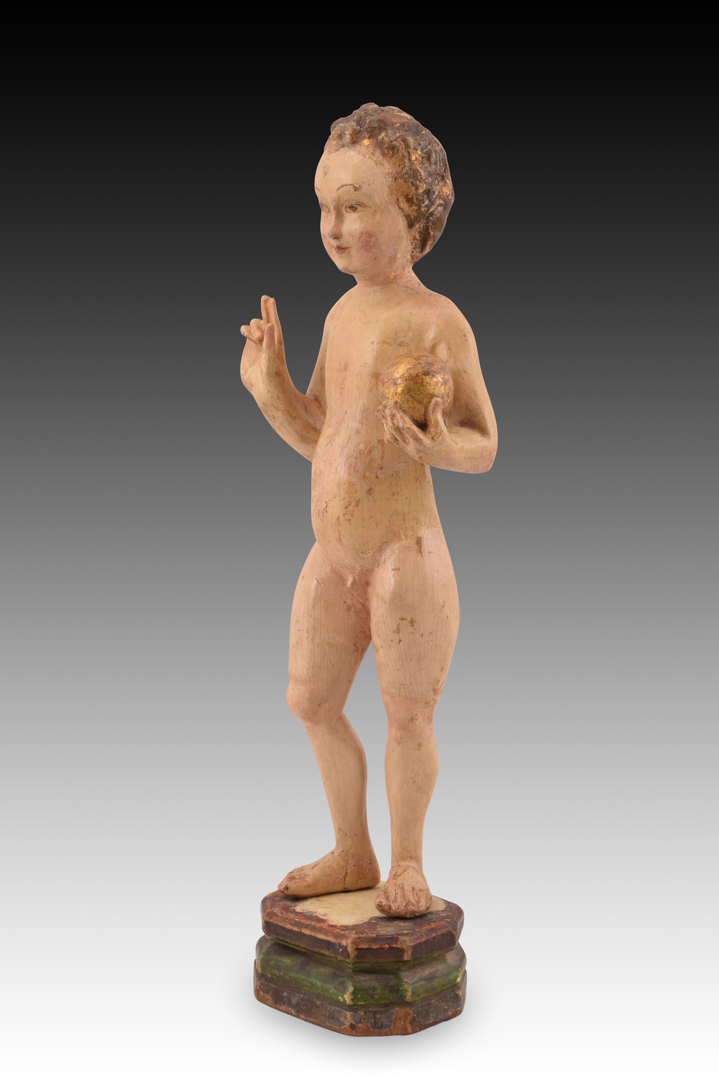 Child Jesus. Carved and polychrome wood. Flemish school, towards the first half of the 16th century. 
Restorations. 
Baby Jesus with polygonal base made of carved and polychrome wood. The figure is presented naked, standing, with the right hand