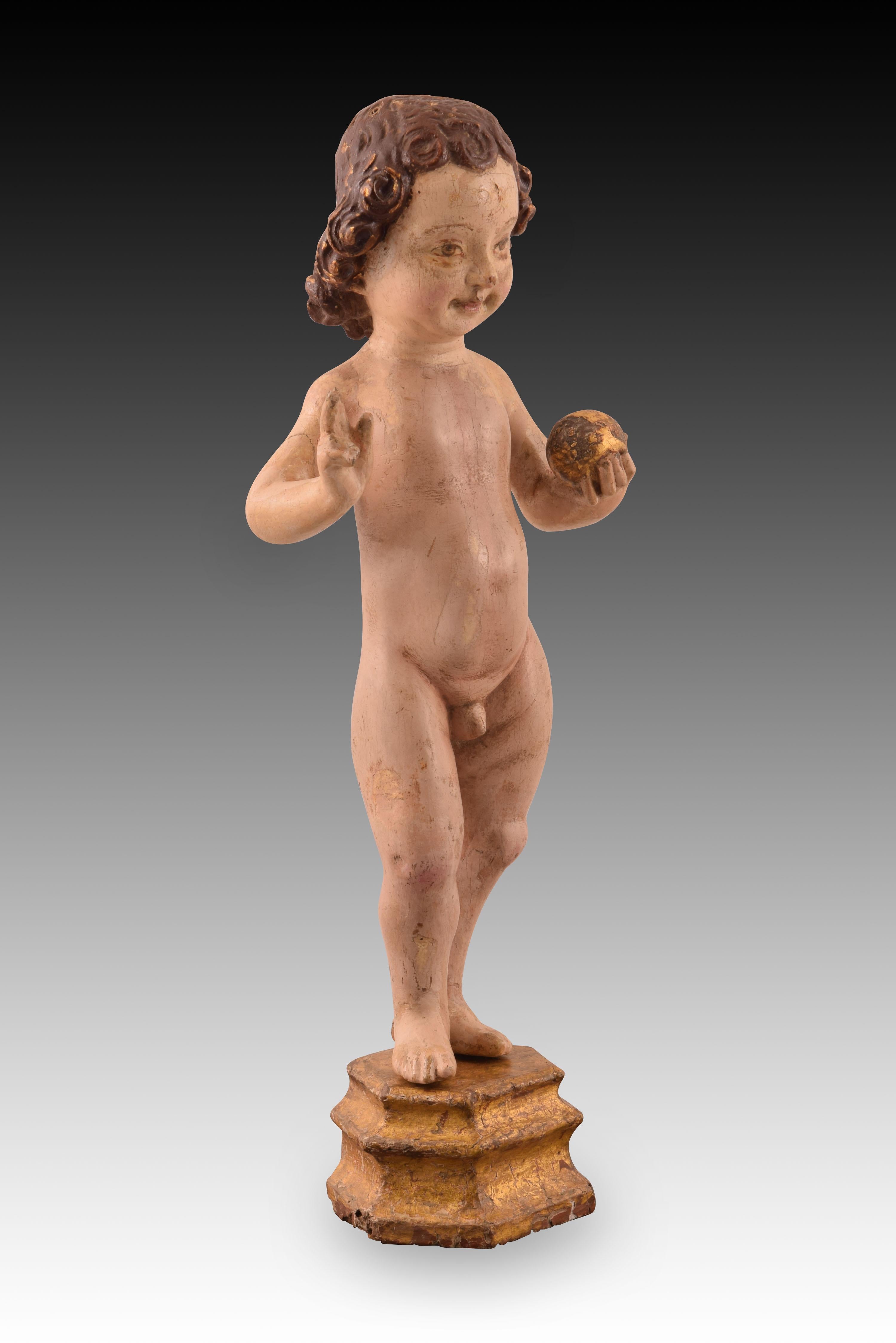 Child Jesus. Carved and polychrome wood. Flemish school, towards the first half of the 16th century. 
Baby Jesus with polygonal base made of carved and polychrome wood. The figure is presented naked, standing, with the right hand raised in a gesture