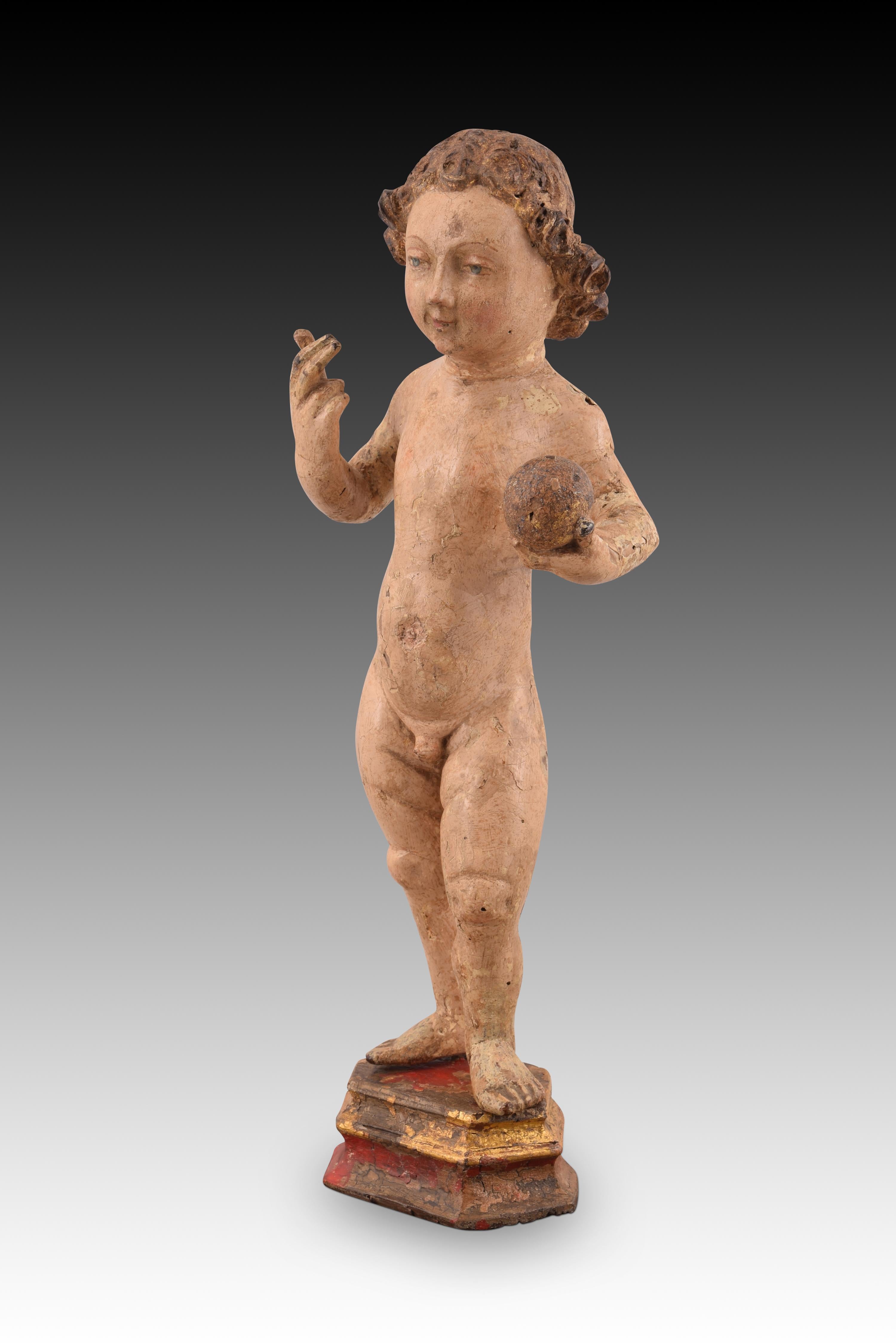 Child Jesus. Carved and polychrome wood. Flemish school, towards the first half of the 16th century. 
Presents restorations. 
Baby Jesus with polygonal base made of carved and polychrome wood. The figure is presented naked, standing, with the right