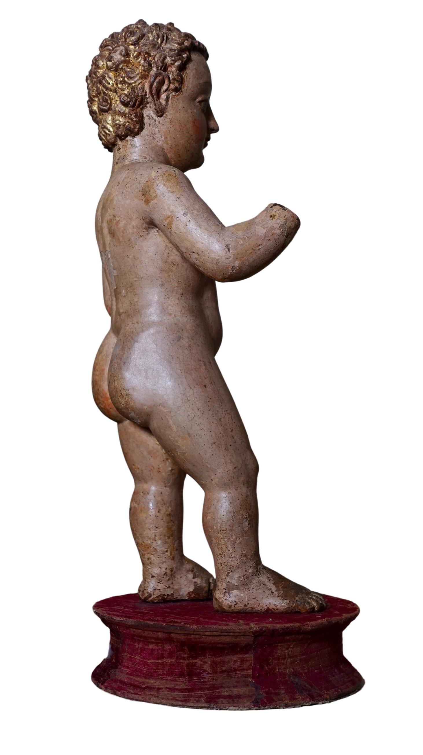 Enfant Jésus 
Bois polychrome et doré
Ombrie, première moitié du XVIe siècle
H 40 cm

Entièrement nu, l'Enfant est debout, en appui sur sa jambe gauche, la jambe droite en avant ; il garde le regard fixé sur l'avant, tout en levant un bras dans une