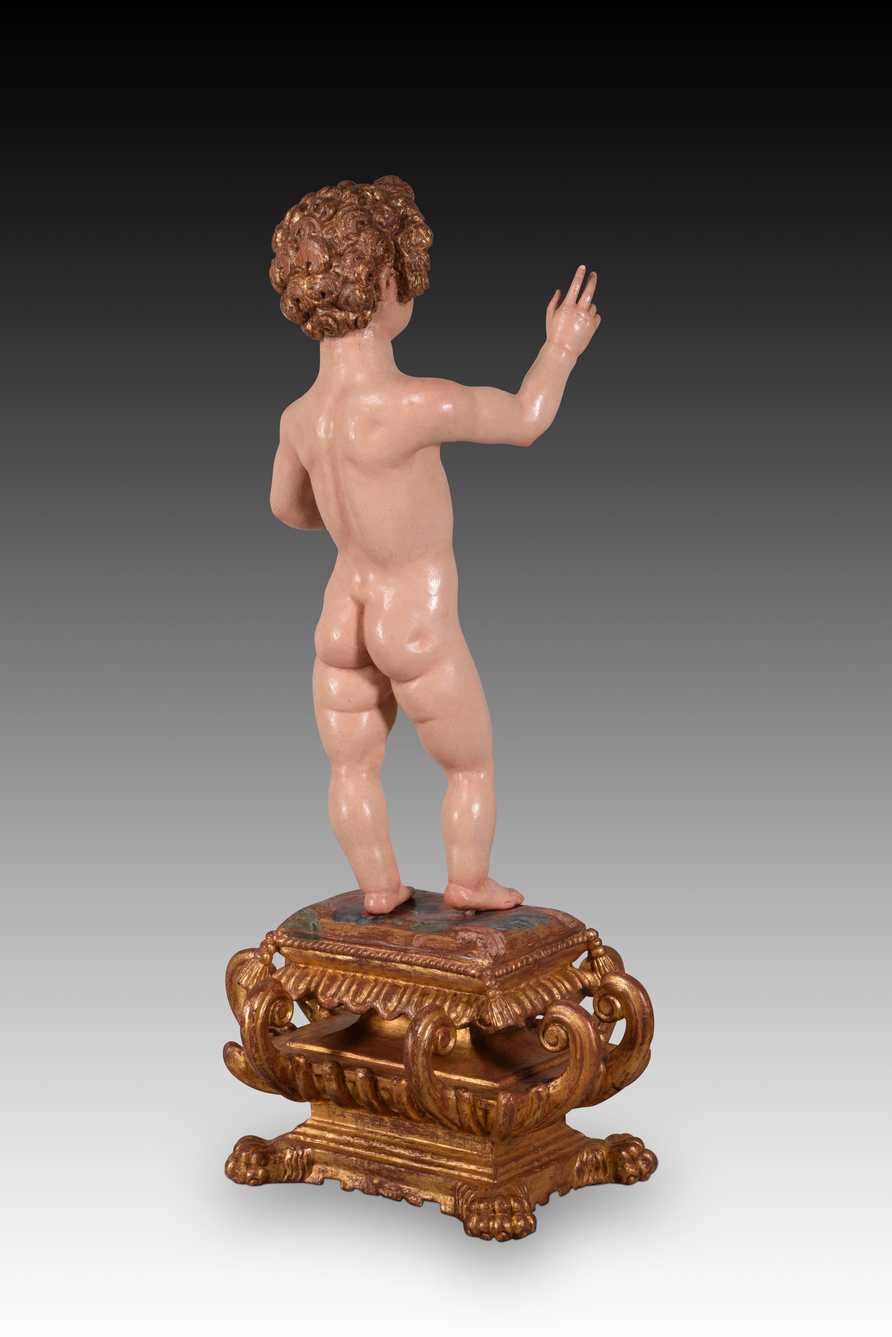 Fait main « Child Jesus », bois, école espagnole, 17e siècle, piédestal fabriqué plus tard. en vente