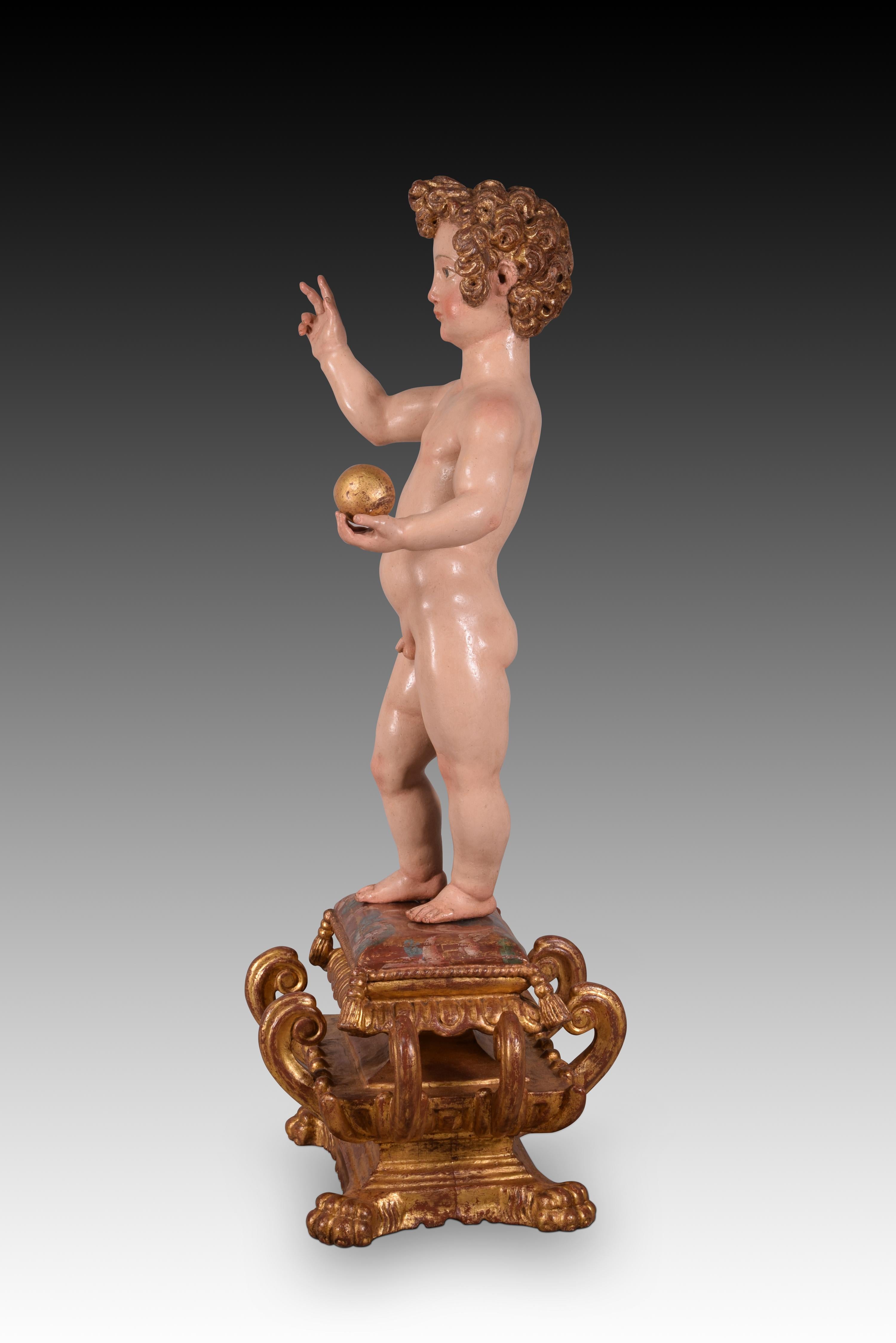 Autre « Child Jesus », bois, école espagnole, 17e siècle, piédestal fabriqué plus tard. en vente