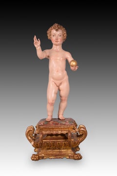 Antique "Child Jesus", Wood, Spanish School, 17th Century, pedestal made later.