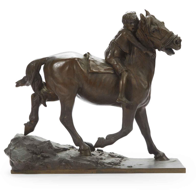 Berndorf Child riding a horse, an Austrian bronze sculpture with light patina depicting a trotting horse mounted by a child in shorts clinging to the animal's neck. The hat has now fallen between the horse's legs and the boy has a frightened