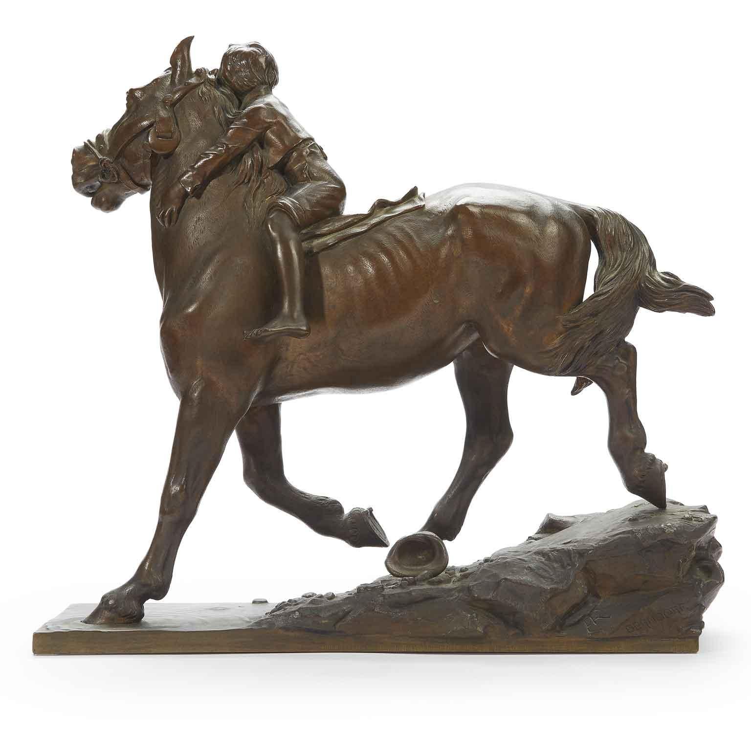 Art Deco Child Riding a Horse Bronze Sculpture by Austrian Berndorf 20th Century