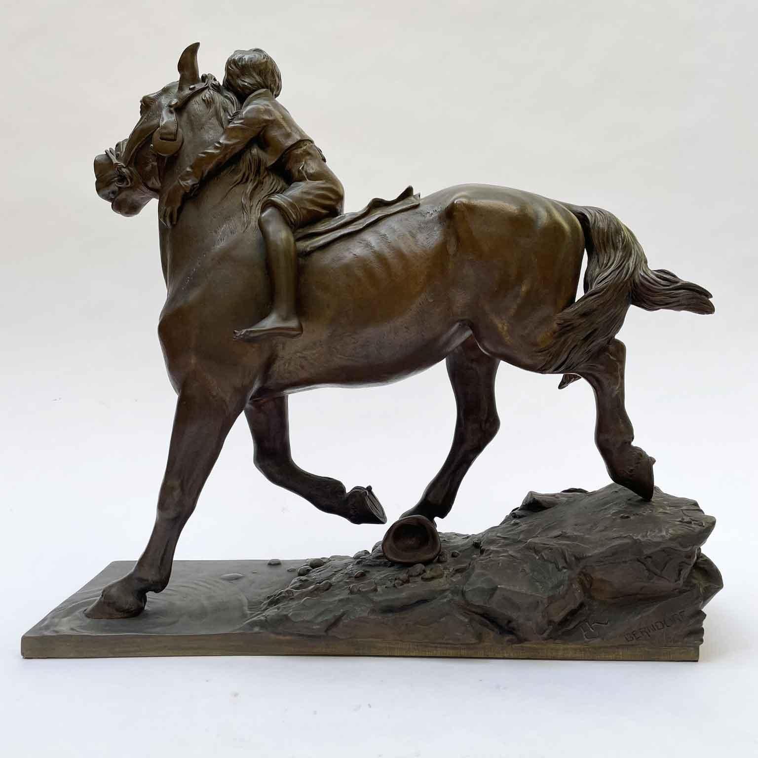Cast Child Riding a Horse Bronze Sculpture by Austrian Berndorf 20th Century