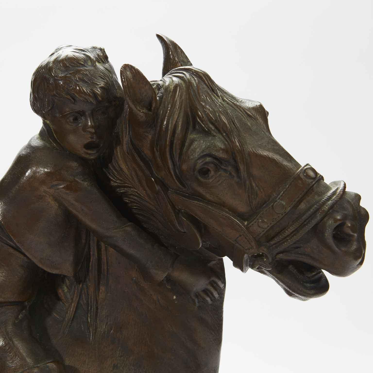 Child Riding a Horse Bronze Sculpture by Austrian Berndorf 20th Century 1