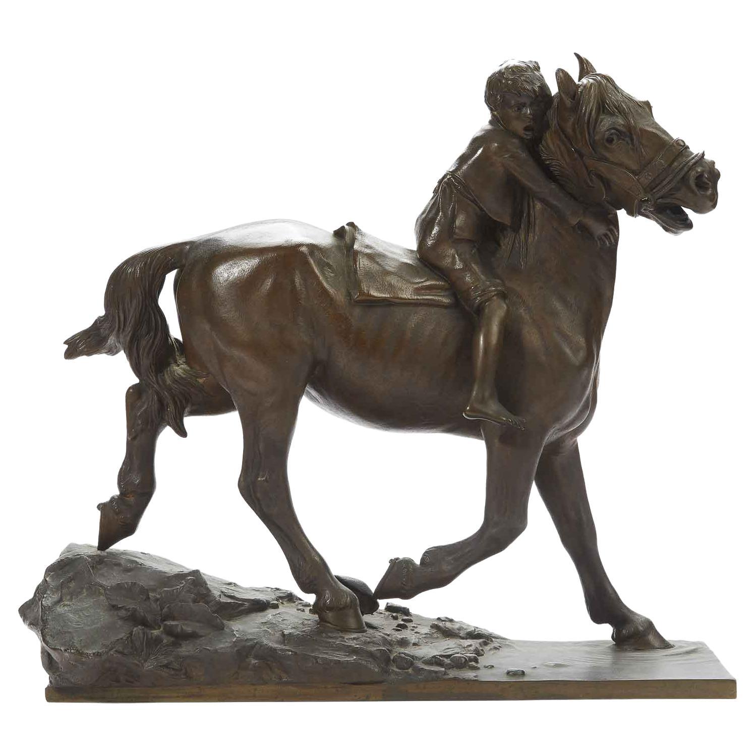 Child Riding a Horse Bronze Sculpture by Austrian Berndorf 20th Century