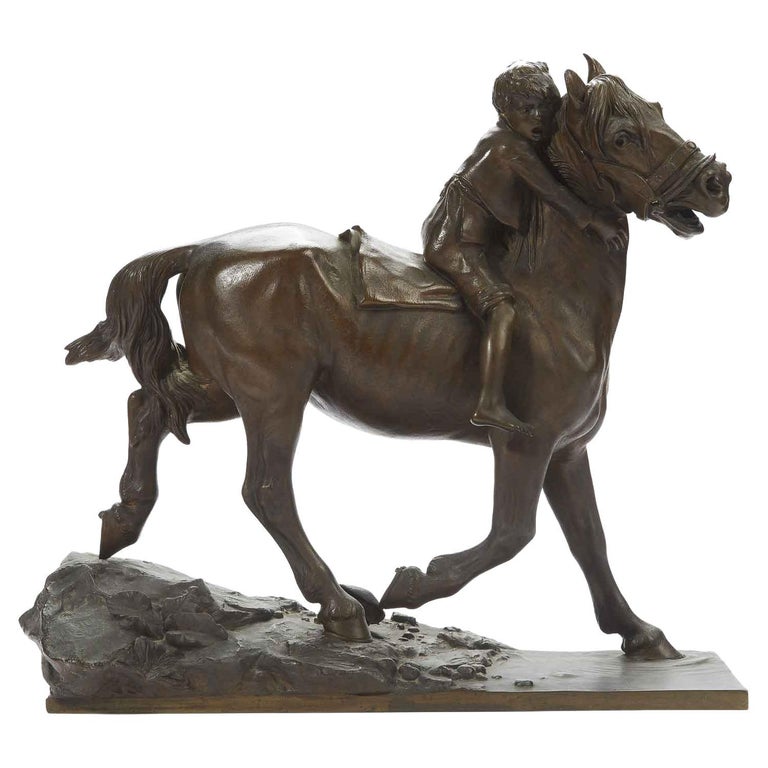 Child Riding a Horse Bronze Sculpture by Austrian Berndorf 20th Century For Sale