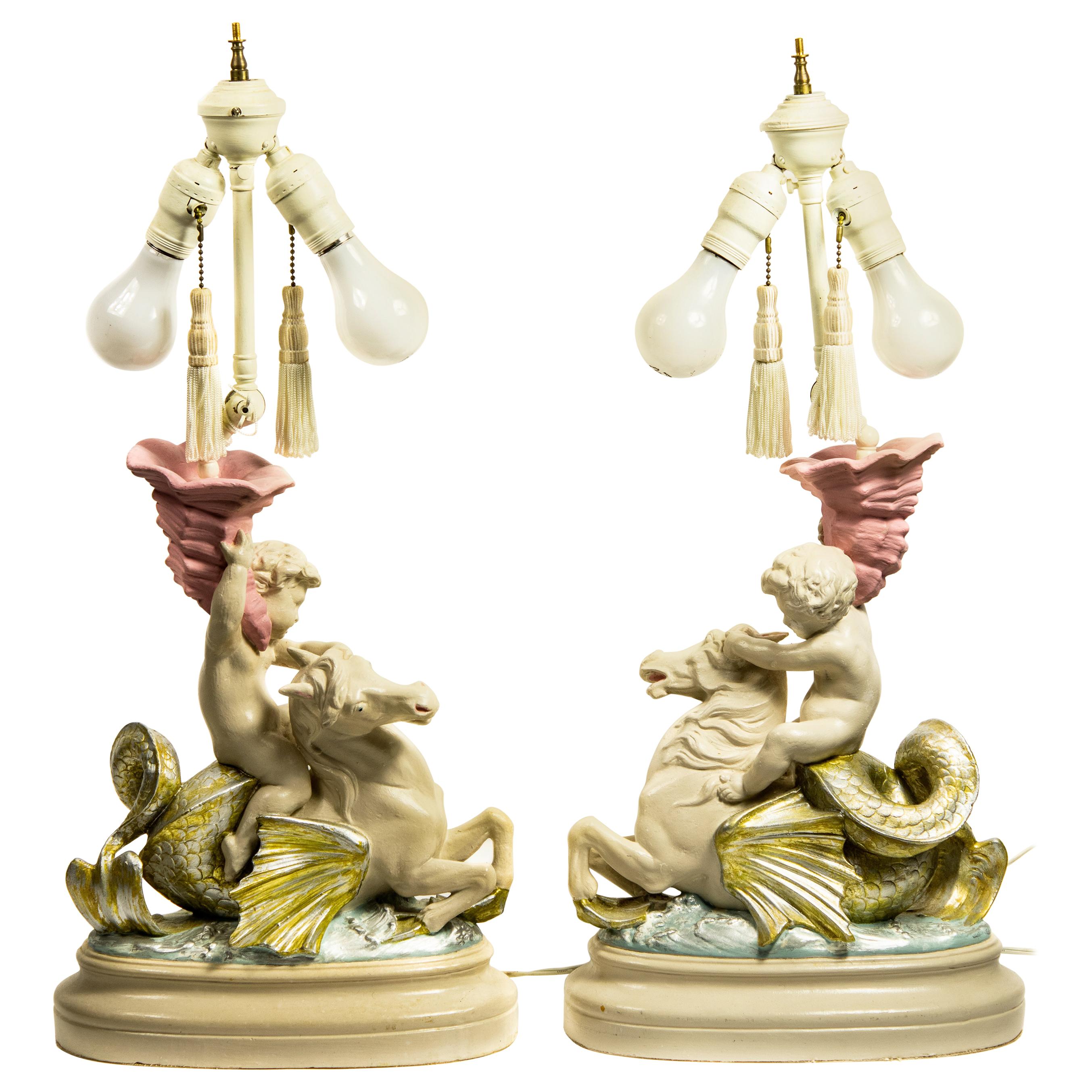 Child Riding Mythological Hippocampus Sea Horse Composite Figural Lamps, Pair For Sale