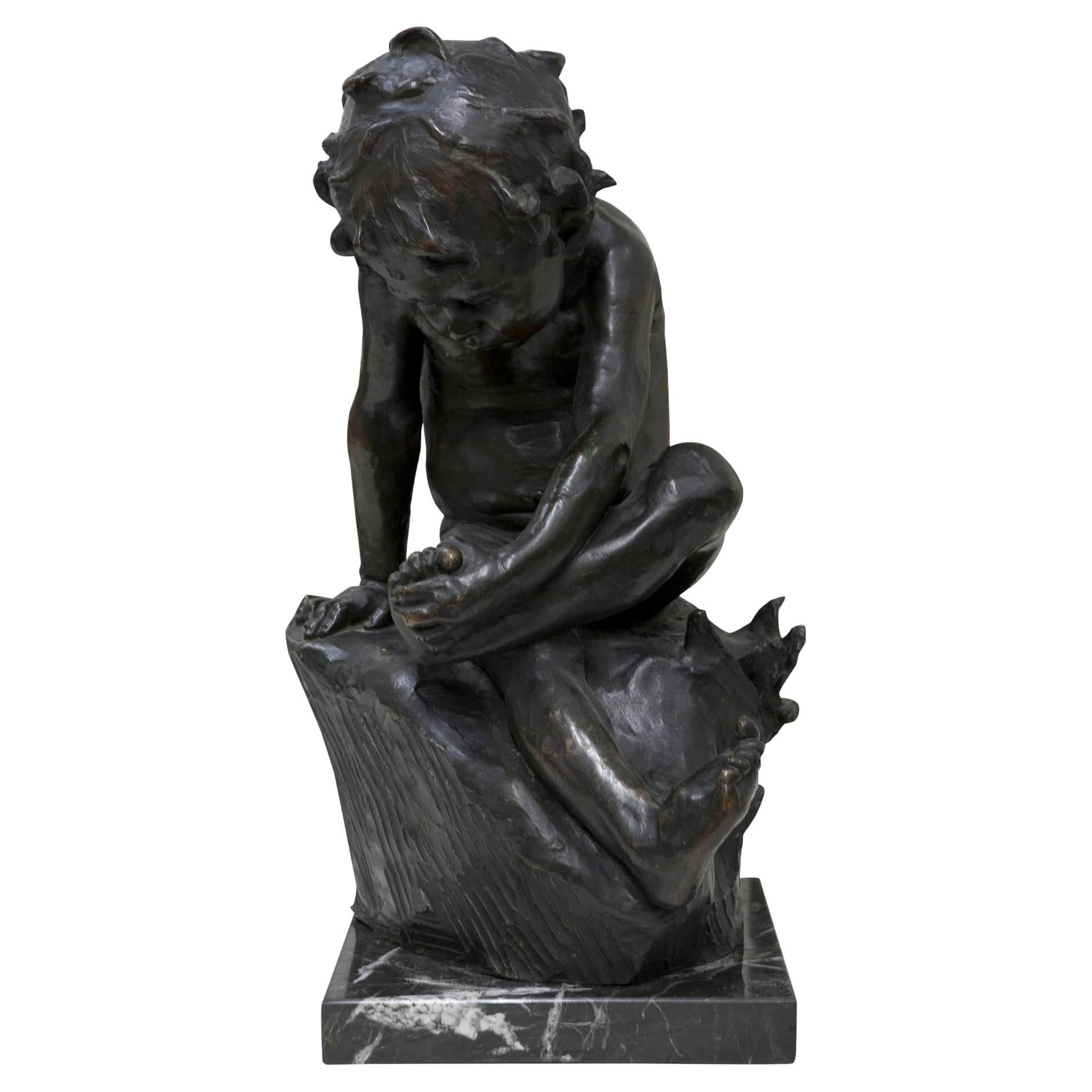 Sculpture d'enfant en bronze et marbre