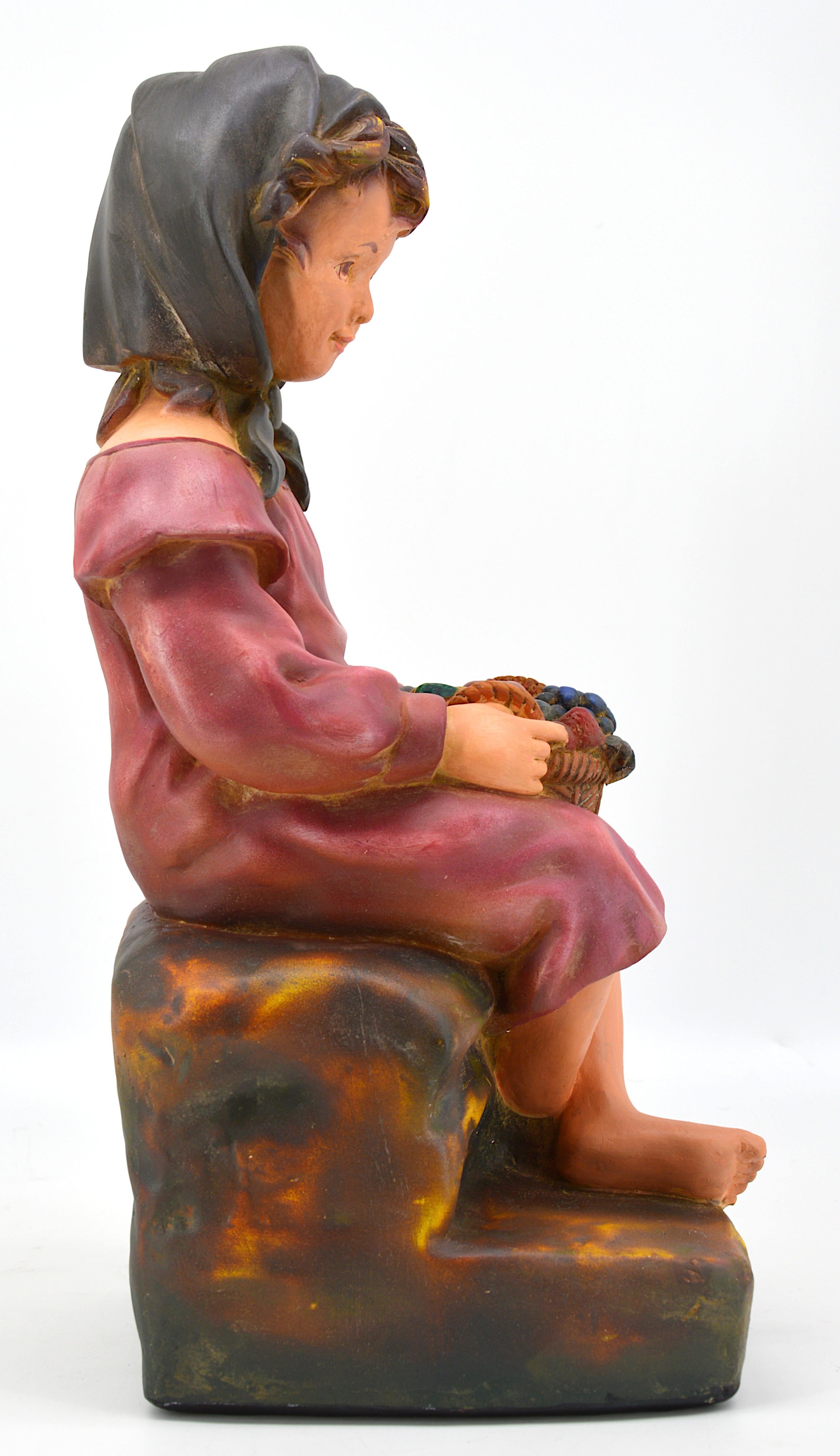 Plaster Child with a Fruit Basket Sculpture, 1900 For Sale