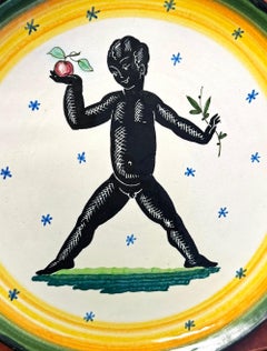 "Child with Apple and Olive Branch", Rare Art Deco Dish in Black & White, Italy