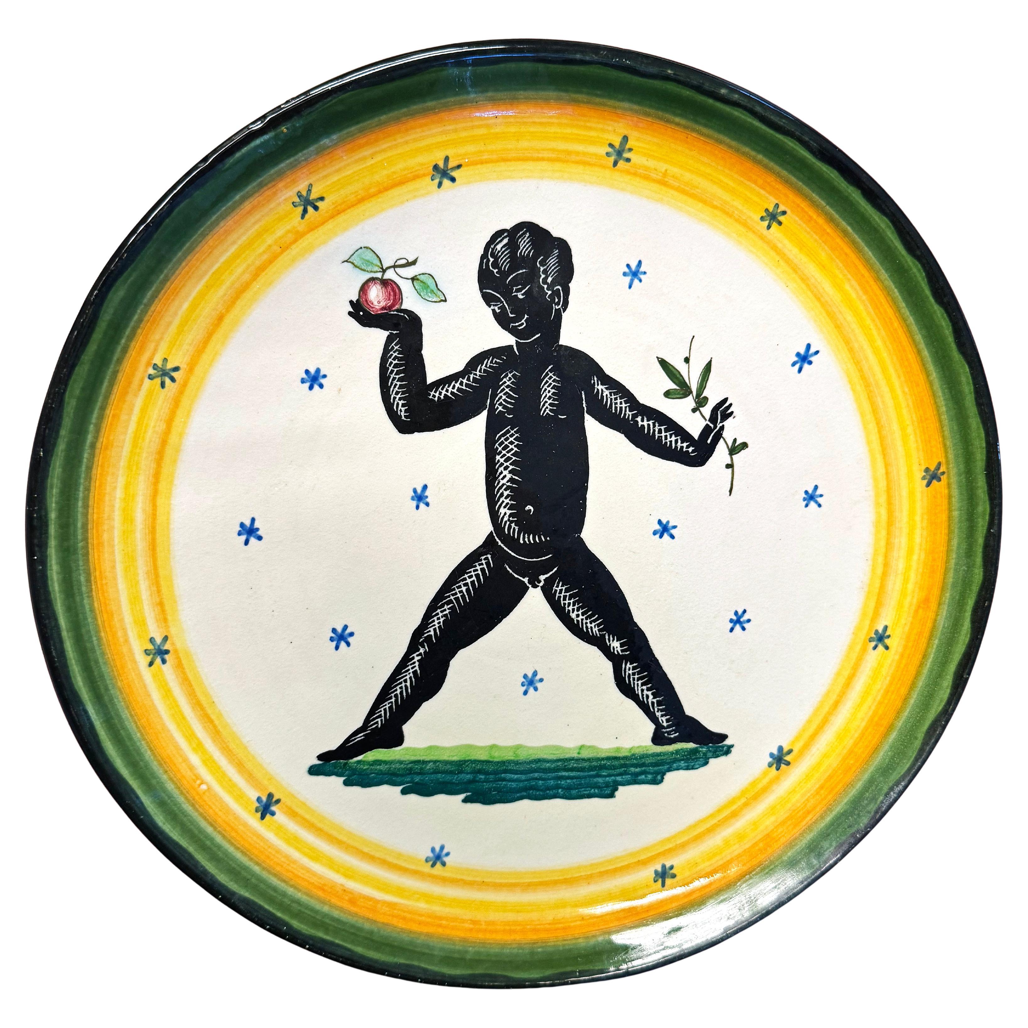 "Child with Apple and Olive Branch", Rare Art Deco Dish in Black 
White, Italy For Sale