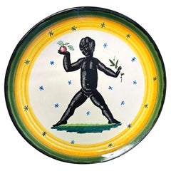 "Child with Apple and Olive Branch", Rare Art Deco Dish in Black & White, Italy "Child with Apple and Olive Branch", Rare Art Deco Dish in Black & White, Italy